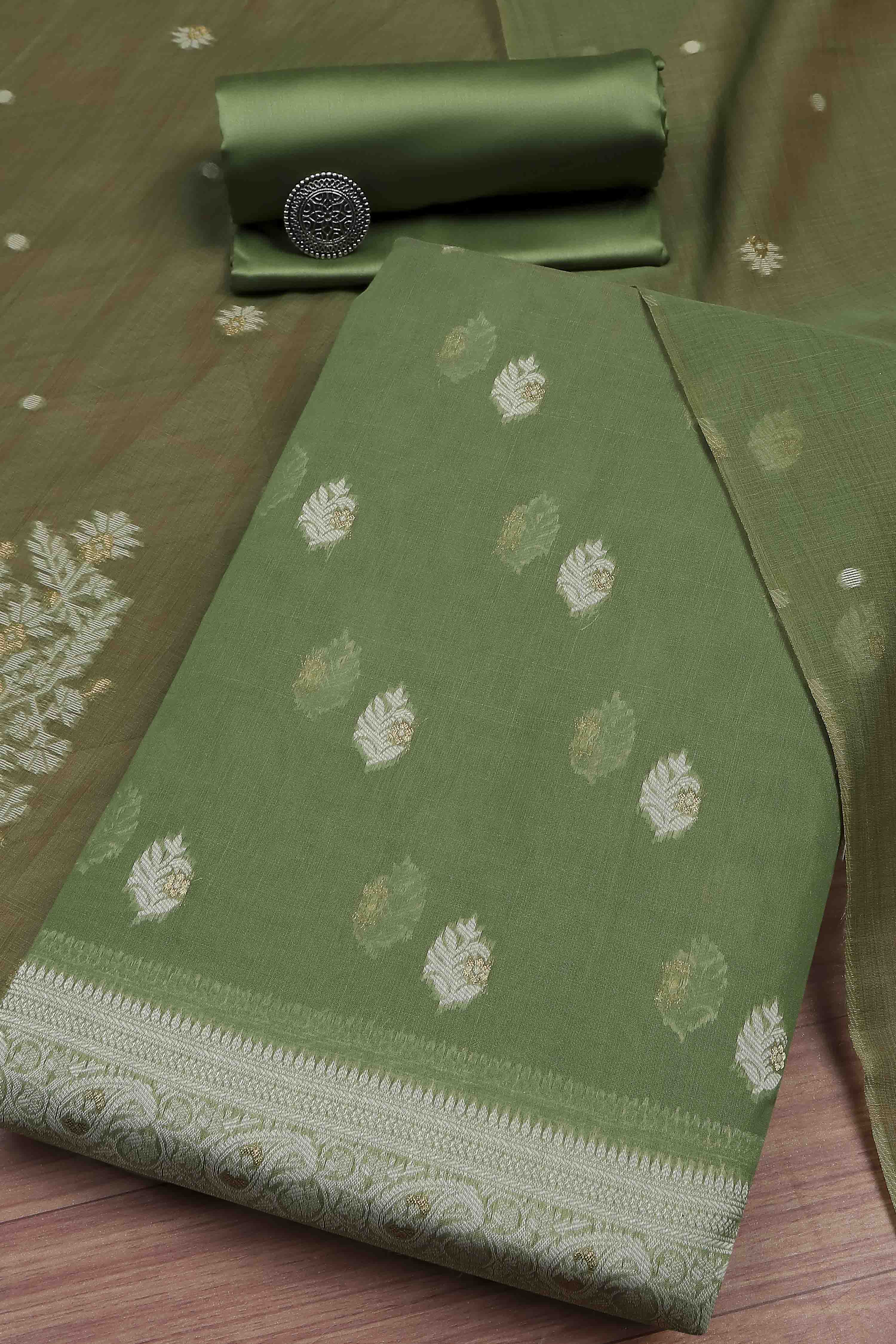 Mehendi Cotton Printed Embroidered Unstitched Suit Set image number 0