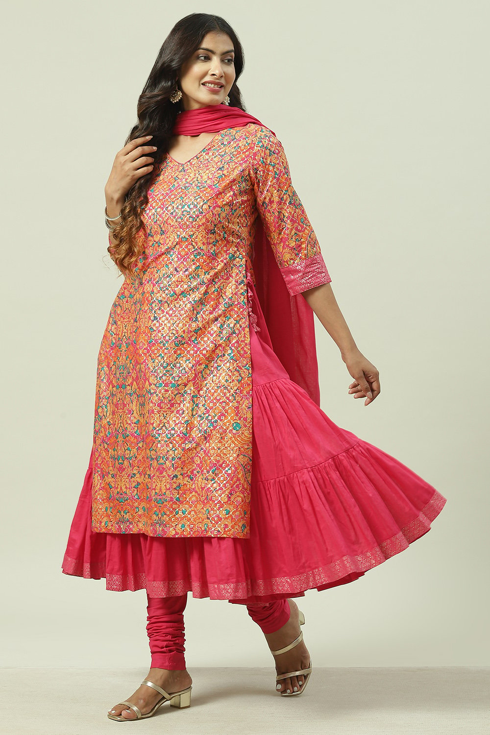 Fuschia Cotton Layered Kurta Churidar Suit Set image number 6