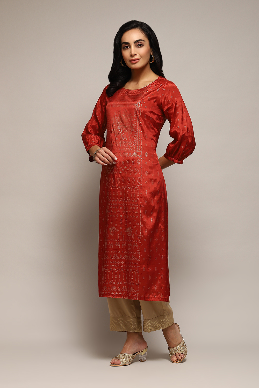 Green & Maroon Cotton Straight Printed Kurta image number 2