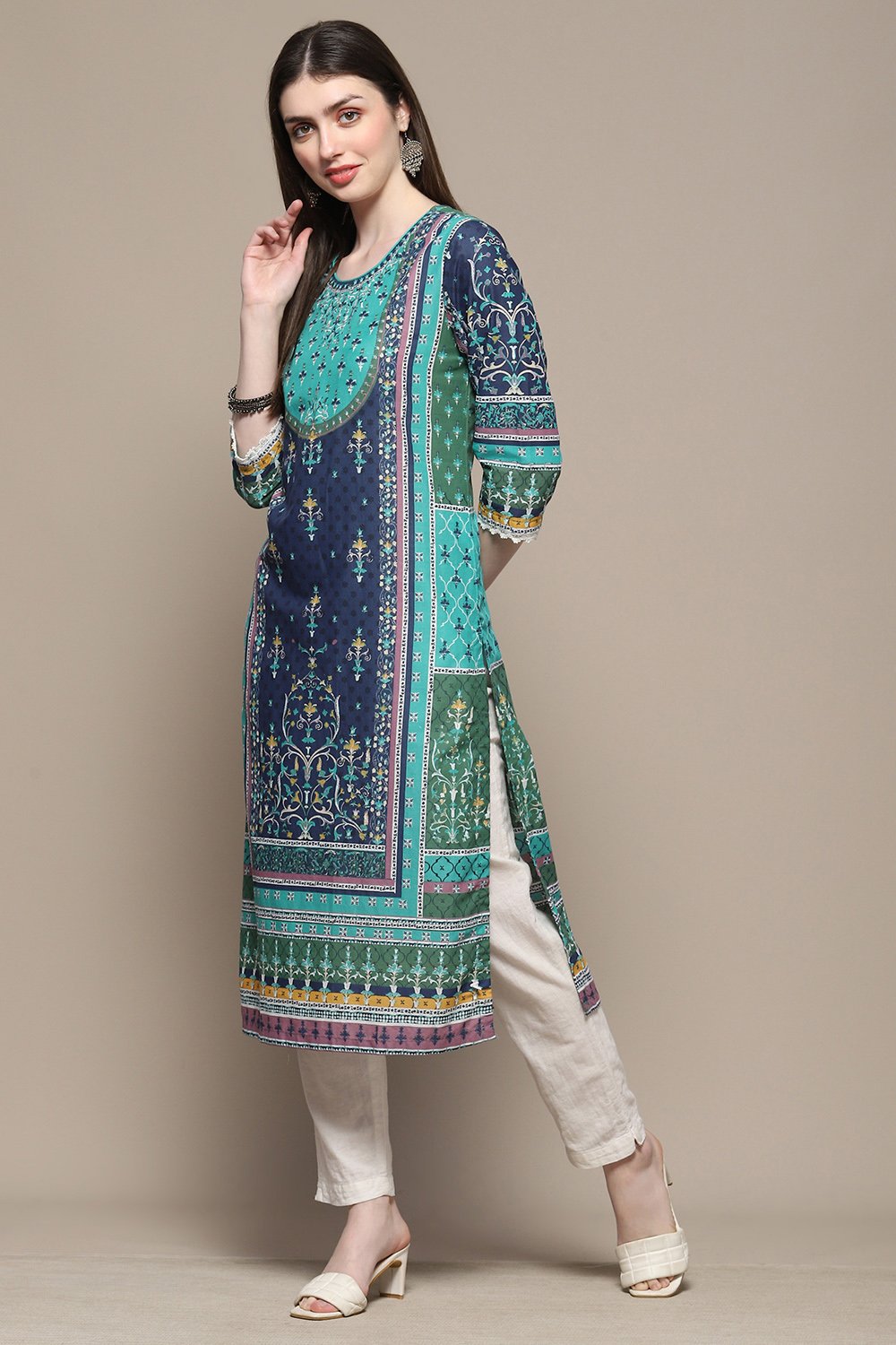 Teal Cotton Straight Kurta image number 2