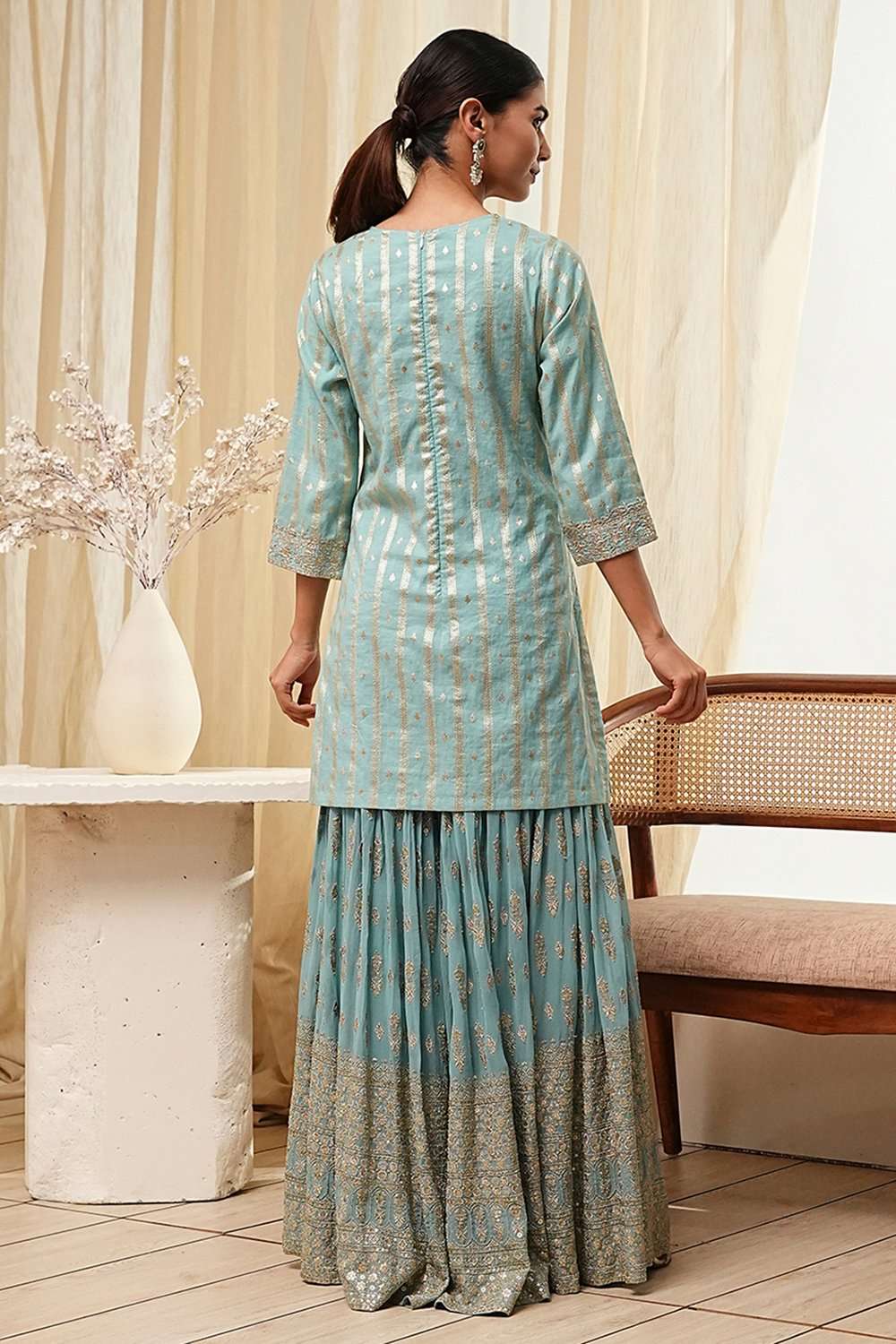 Powder Blue Embroidered Straight Suit Set image number 5
