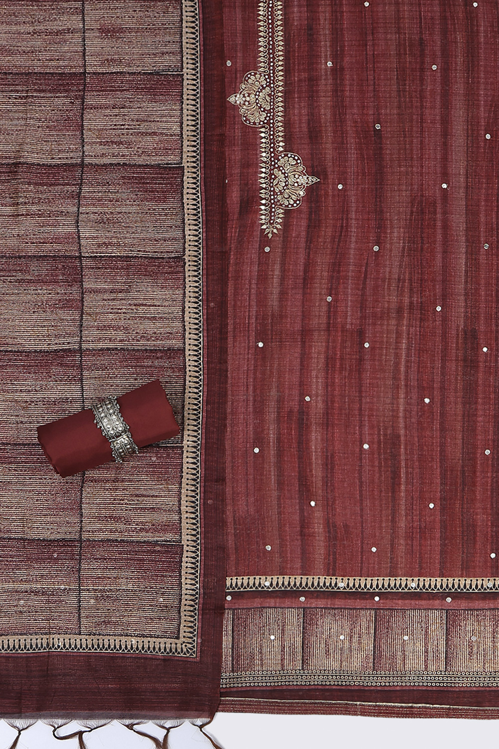 Wine Silk Blend Printed Embroidered Unstitched Suit Set image number 1