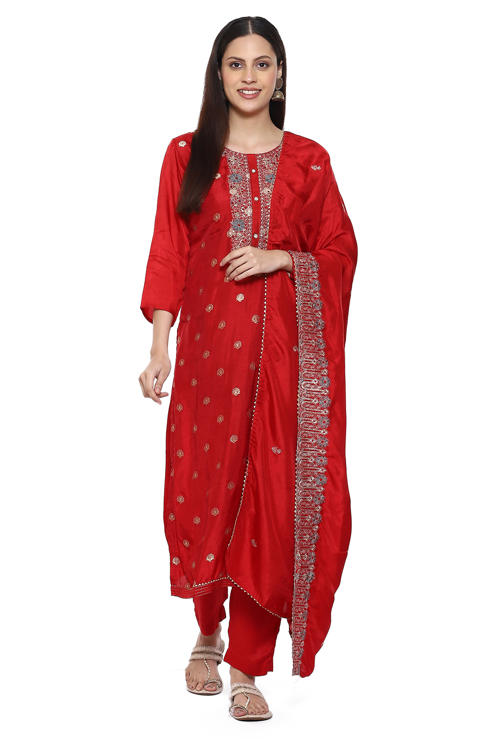 Red Banarasi Silk Machine Embroidered Unstitched Suit Set image number 0