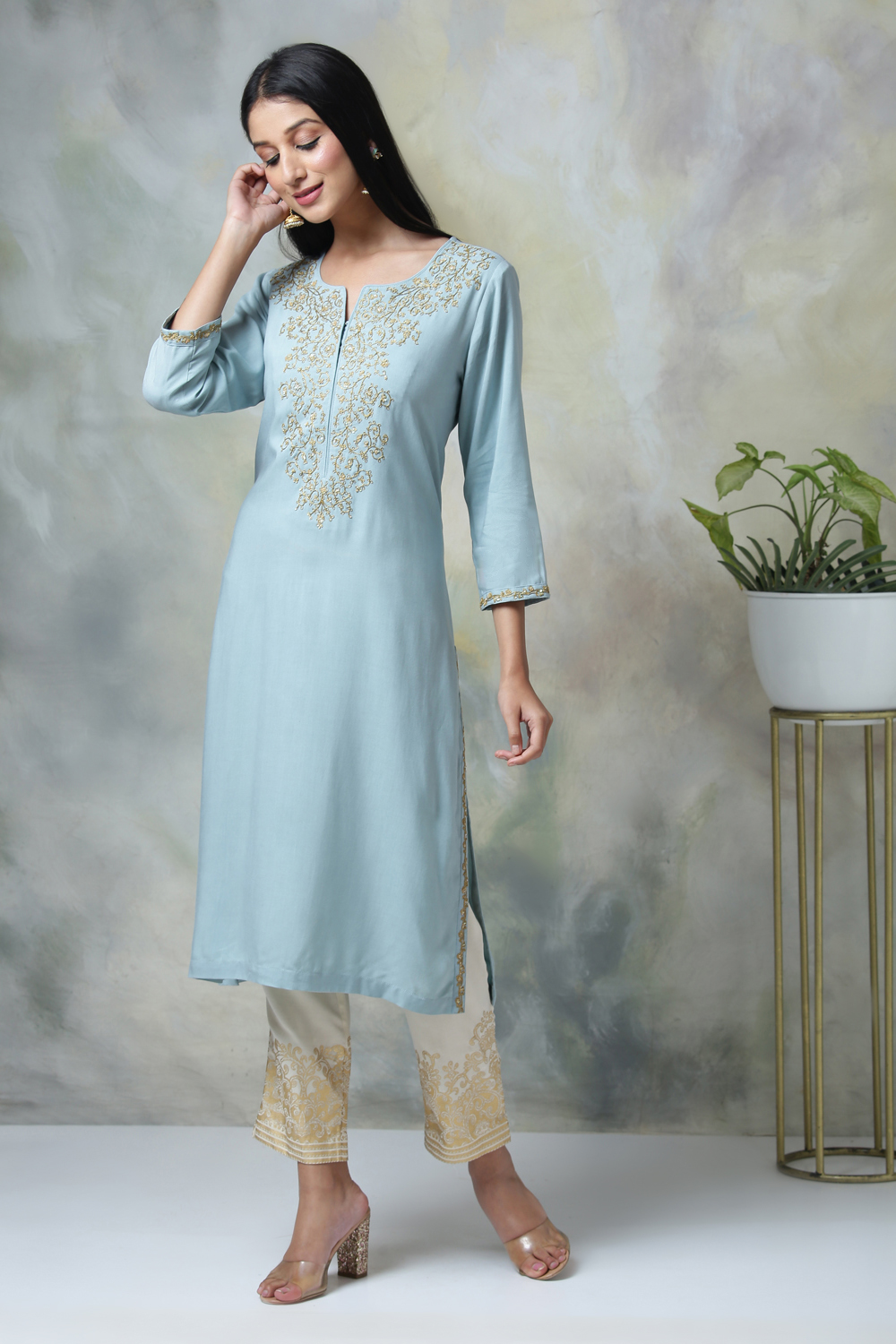 Powder Blue Rayon Kurta Pants Set image number 0