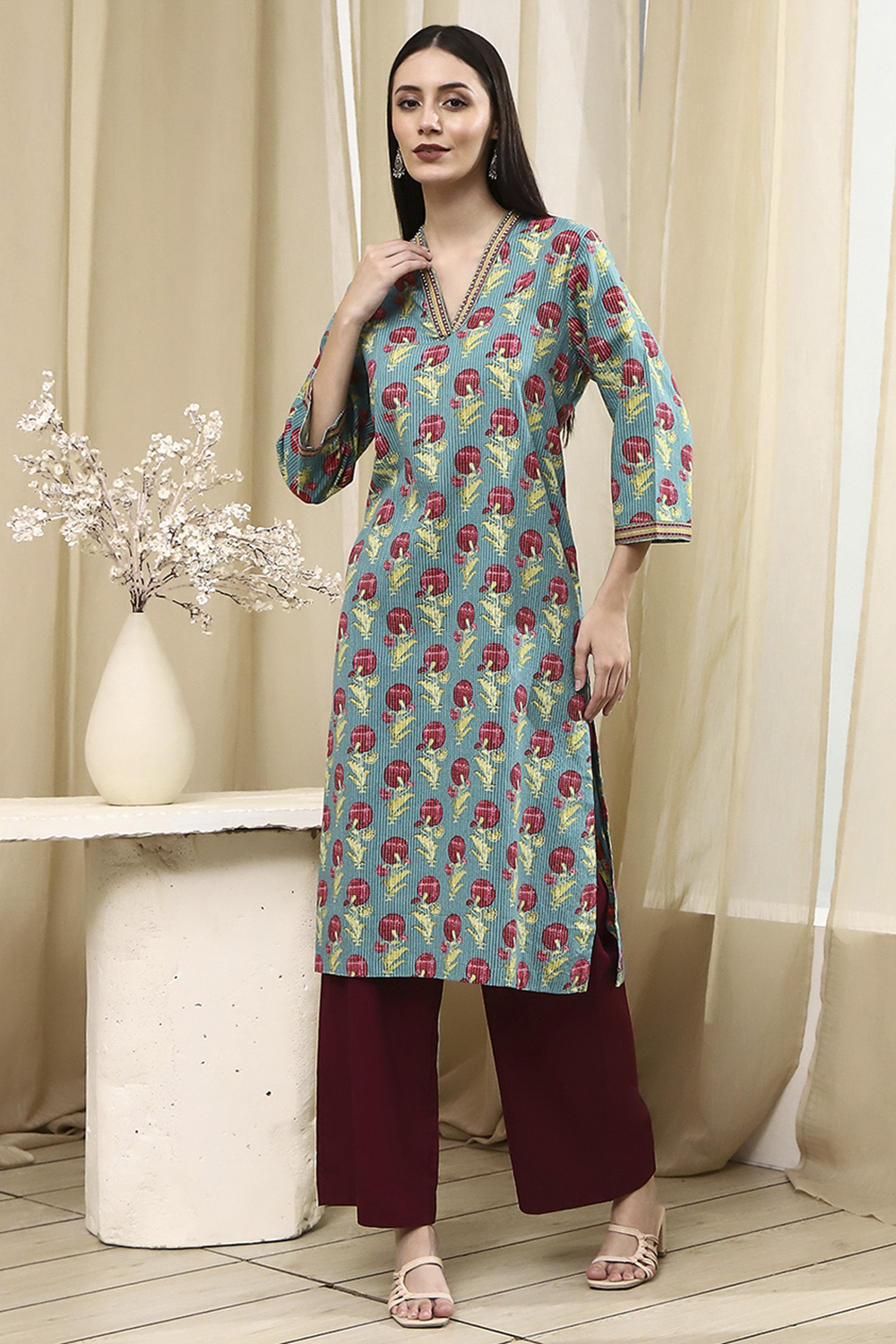 Teal Cotton Printed Straight Kurta image number 5