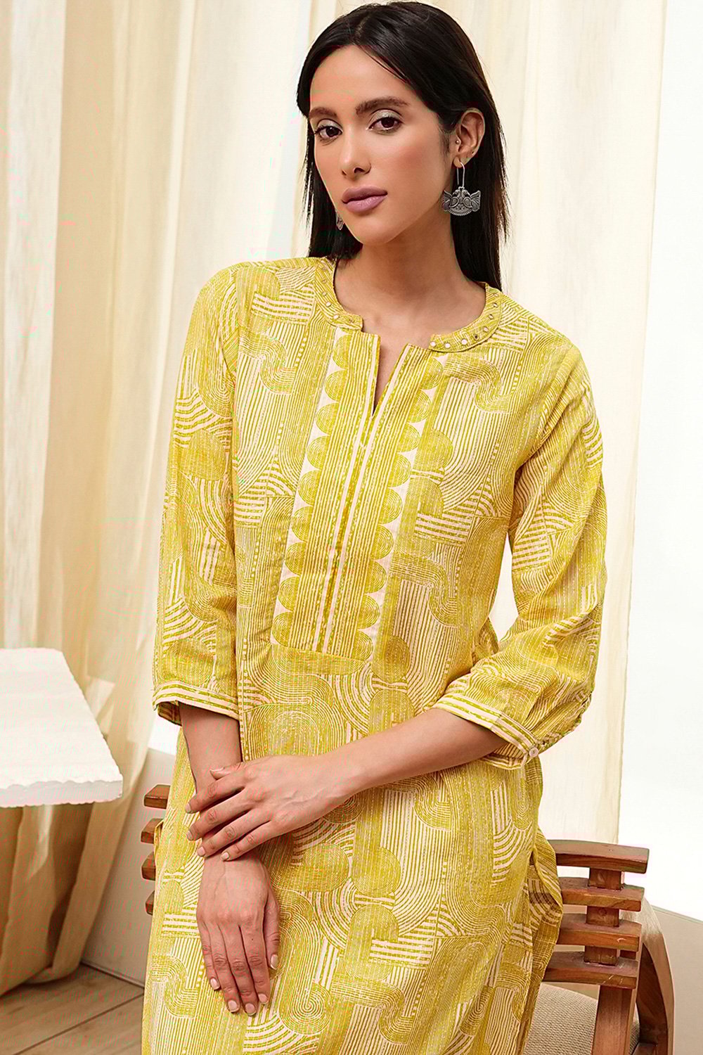 Yellow Cotton Printed Straight Kurta image number 6