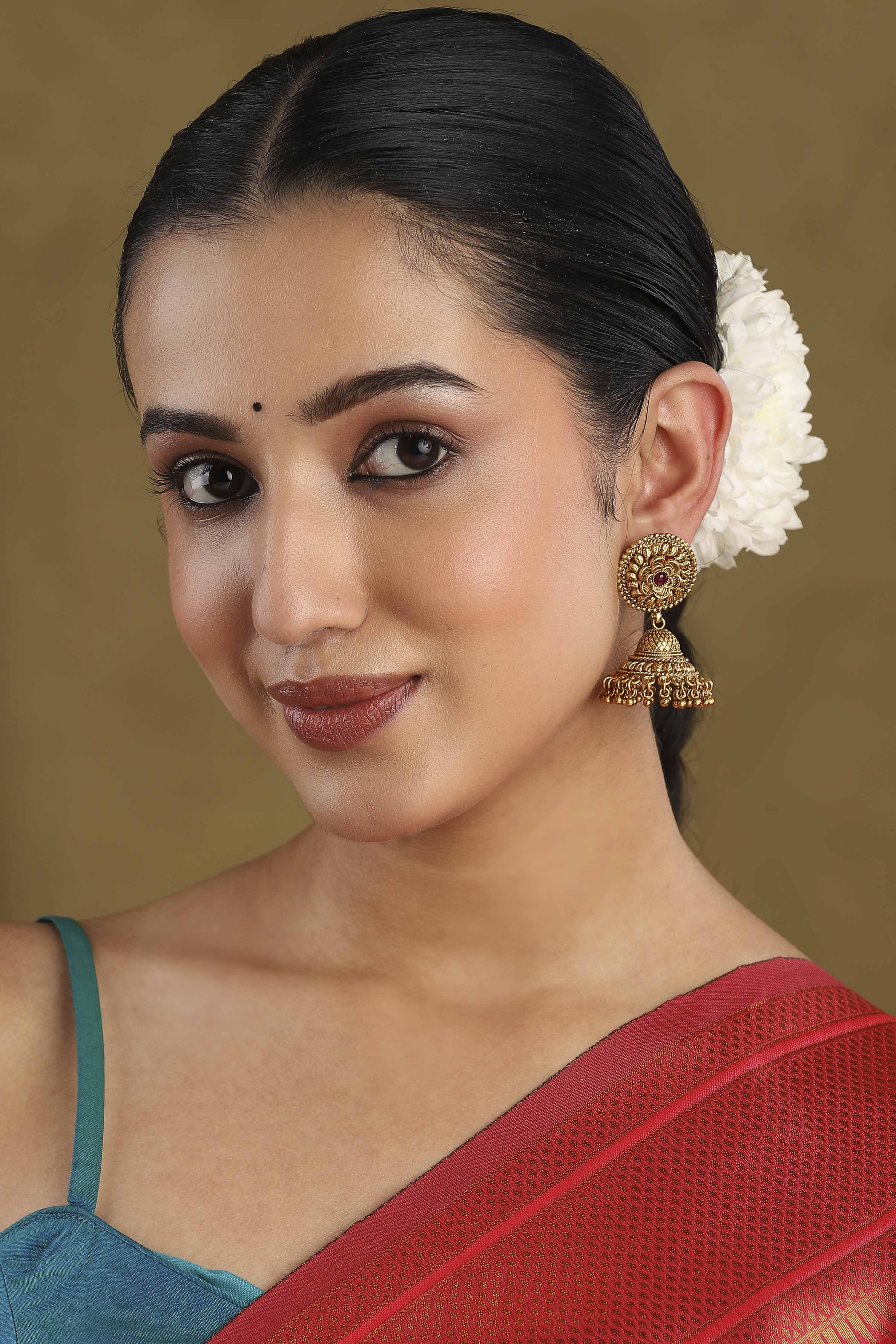 Red Gold Plated Minimal Stone Studded Jhumkas image number 3
