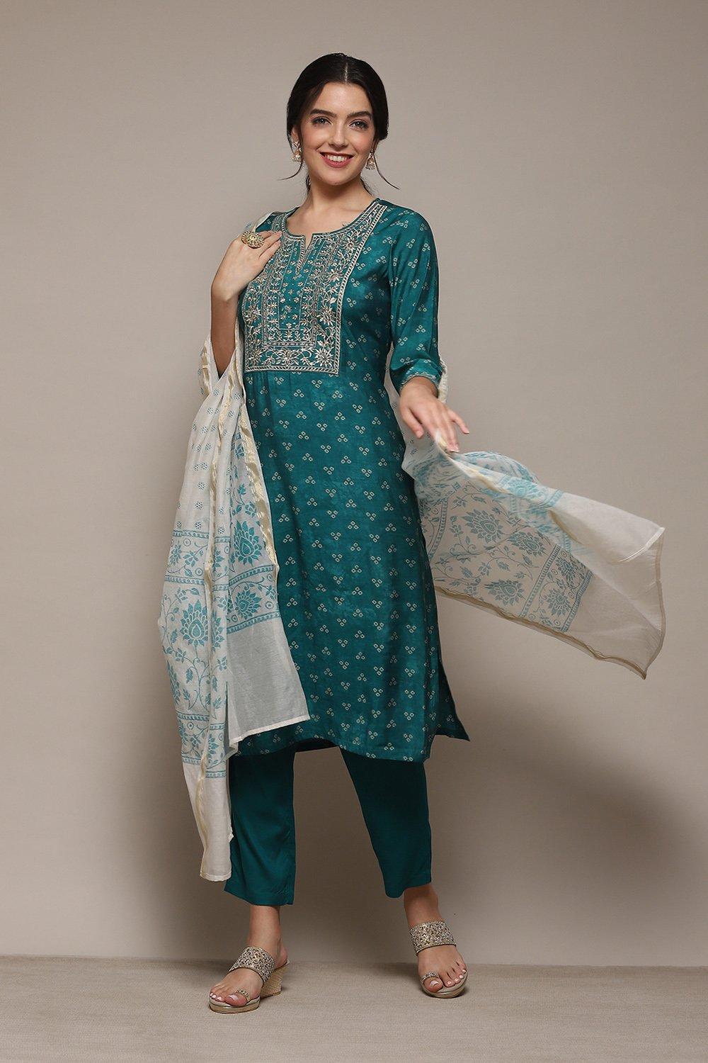 Buy Peacock Green Modal Straight Kurta Slim Pant Suit Set for INR3999 ...