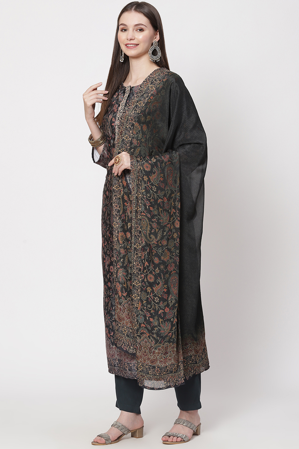 Multicolour Velvet Unstitched Suit Set image number 6