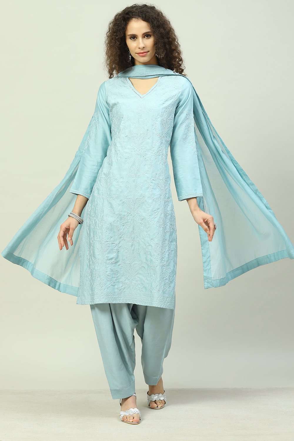 Powder Blue Cotton Blend Straight Kurta Salwar Pant Suit Set Biba India