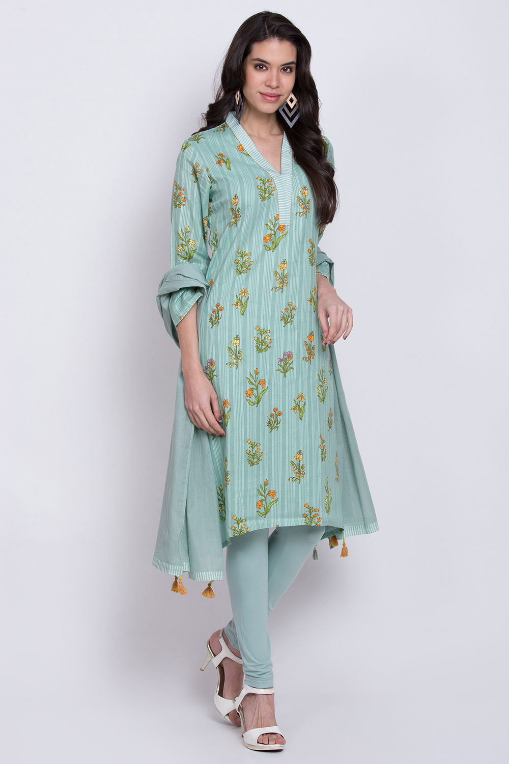 Turquoise Cotton A-Line Kurta Ankle Length Suit Set image number 3