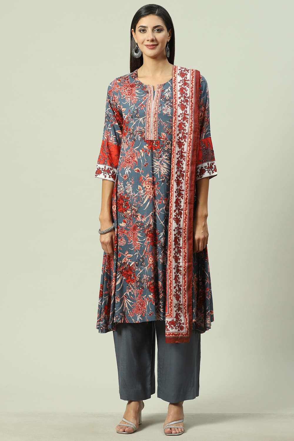 Grey LIVA A-Line Kurta Palazzo Suit Set image number 7