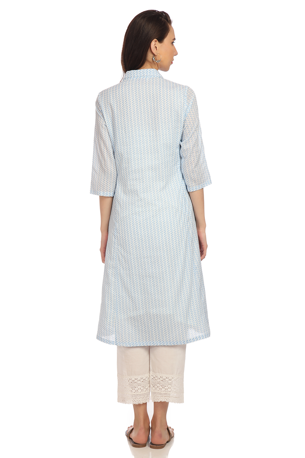 Sky Blue A-Line Chikankari Cotton Printed Kurta image number 4