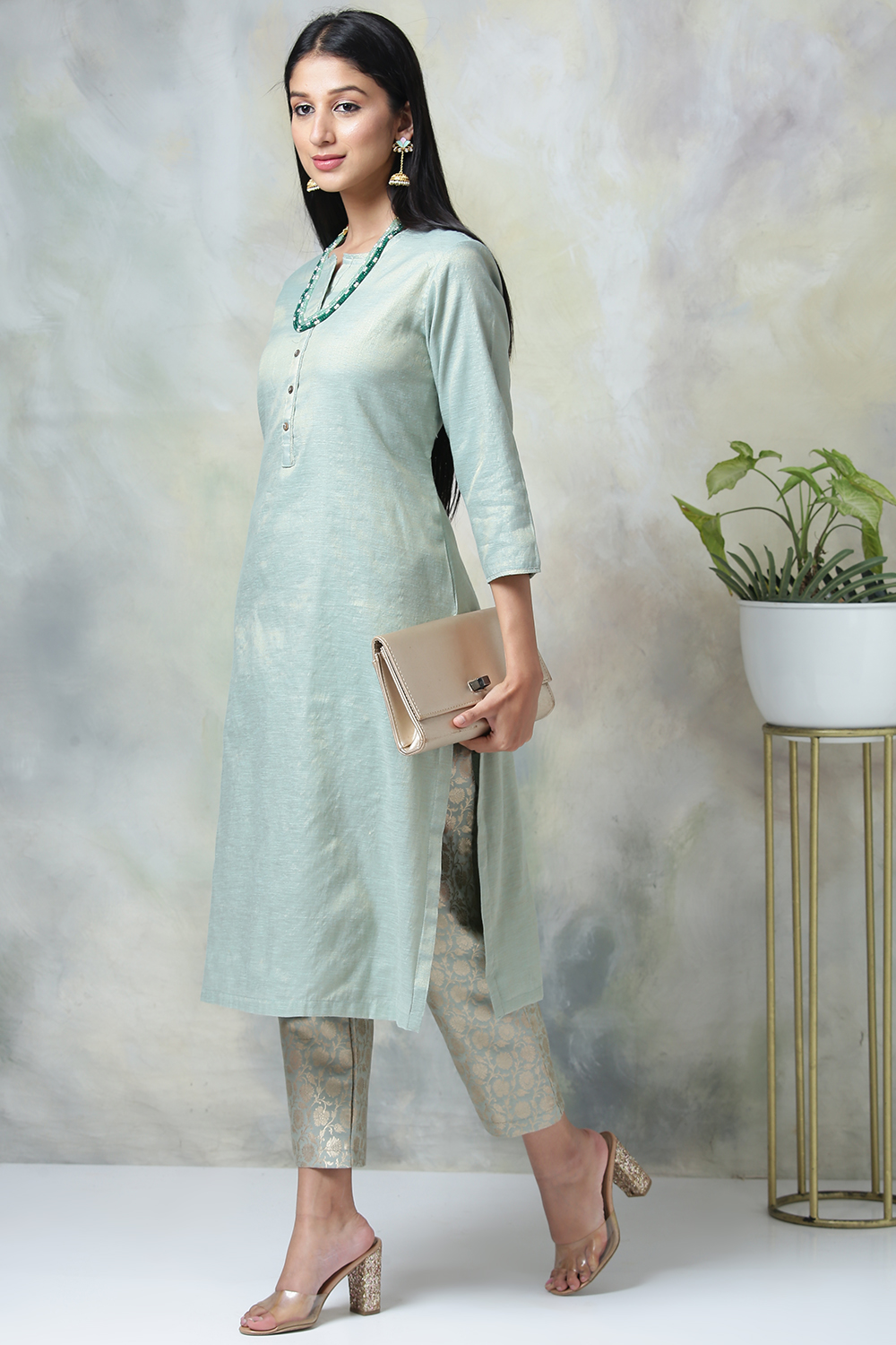 Sage Green Metallic Cotton Kurta Pants Set image number 5