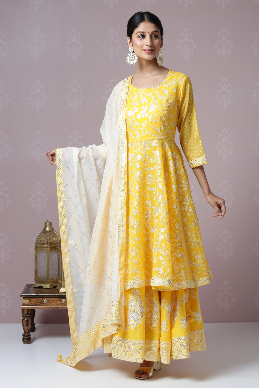 Buy Yellow Poly Cotton Anarkali Kurta Lehenga Suit Set Kurta