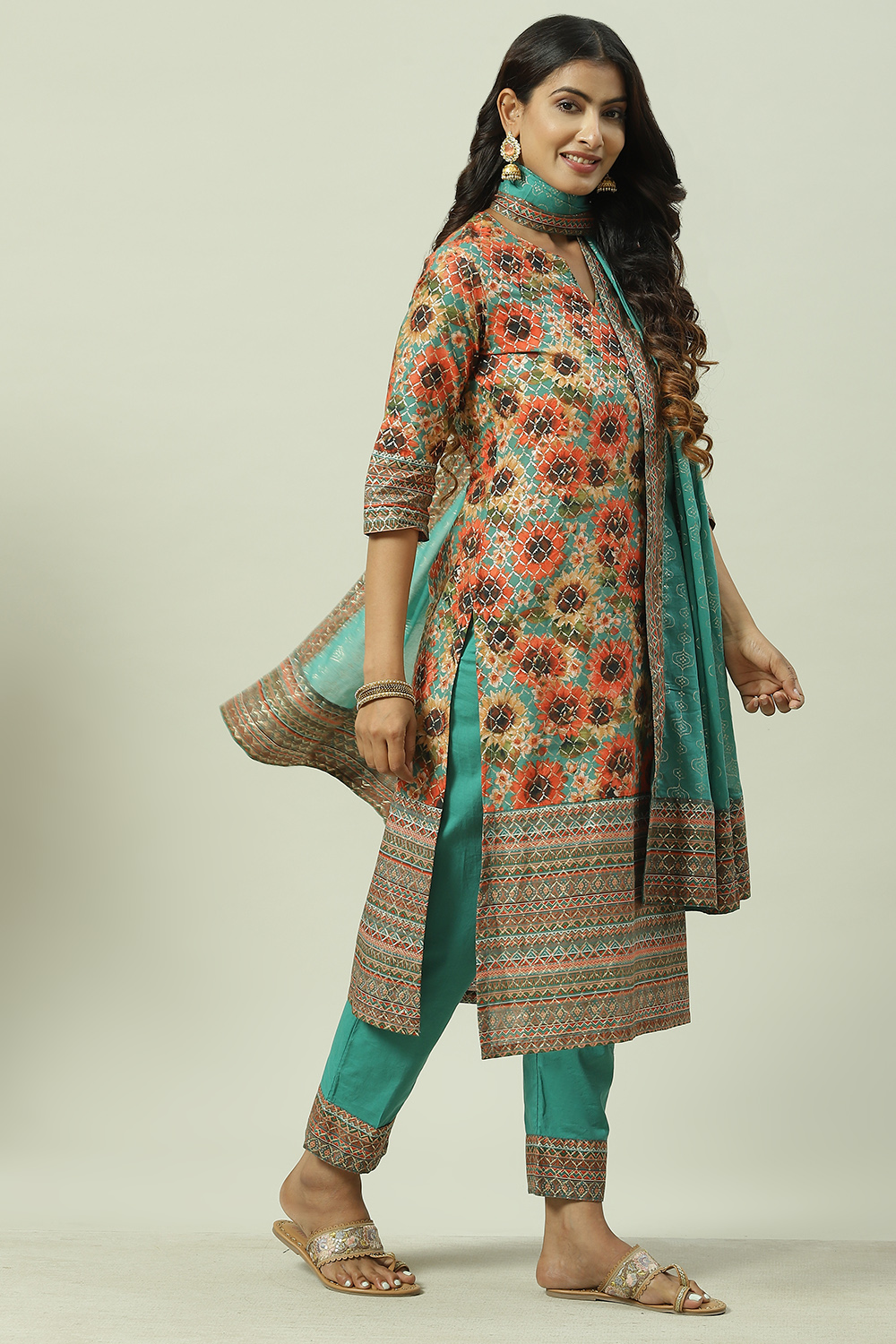 Sage Green Cotton Straight Kurta Slim Pant Suit Set image number 6