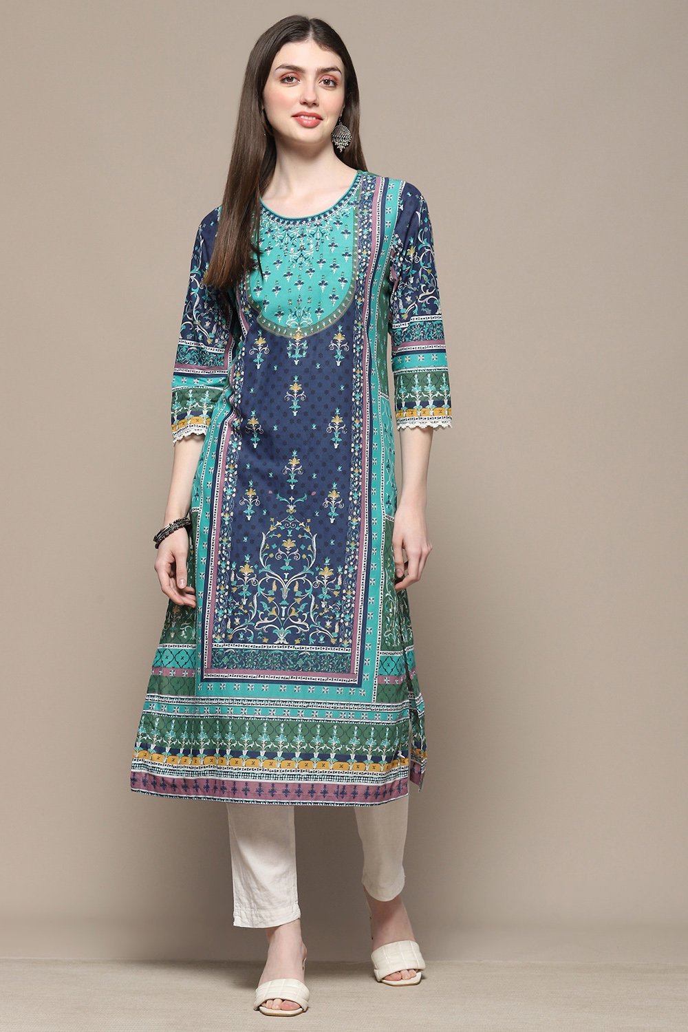 Teal Cotton Straight Kurta image number 5