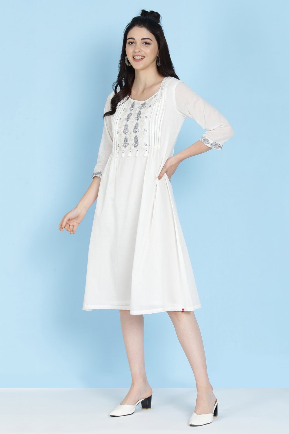 Cream Cotton A-Line Embroidered Kurta Dress image number 0