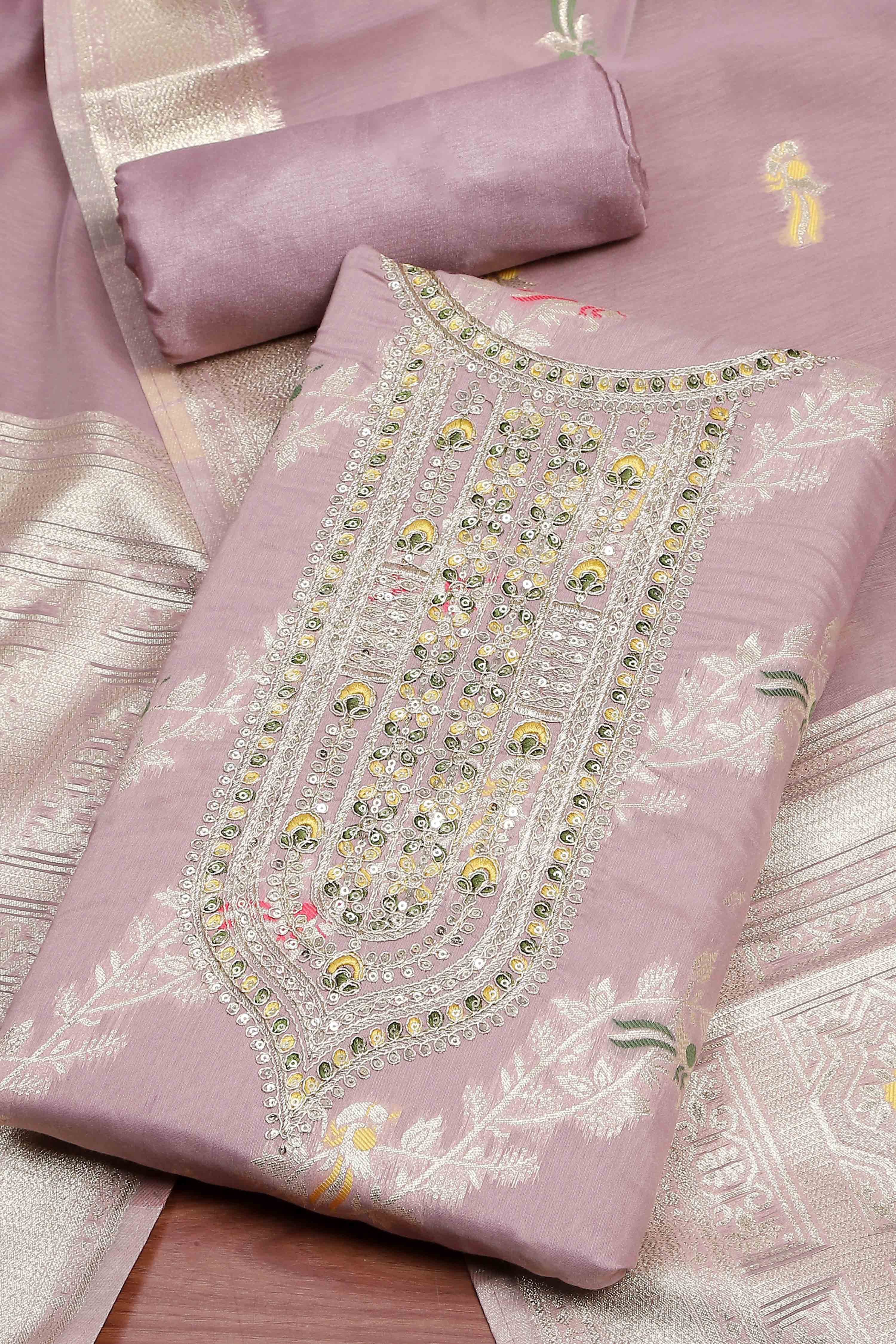 Pink Tissue Chanderi Embroidered Unstitched Suit Set image number 1