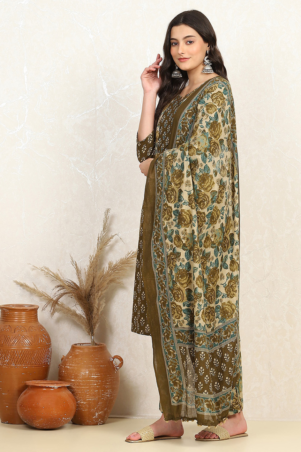 Rust Cotton Unstitched Suit Set image number 4
