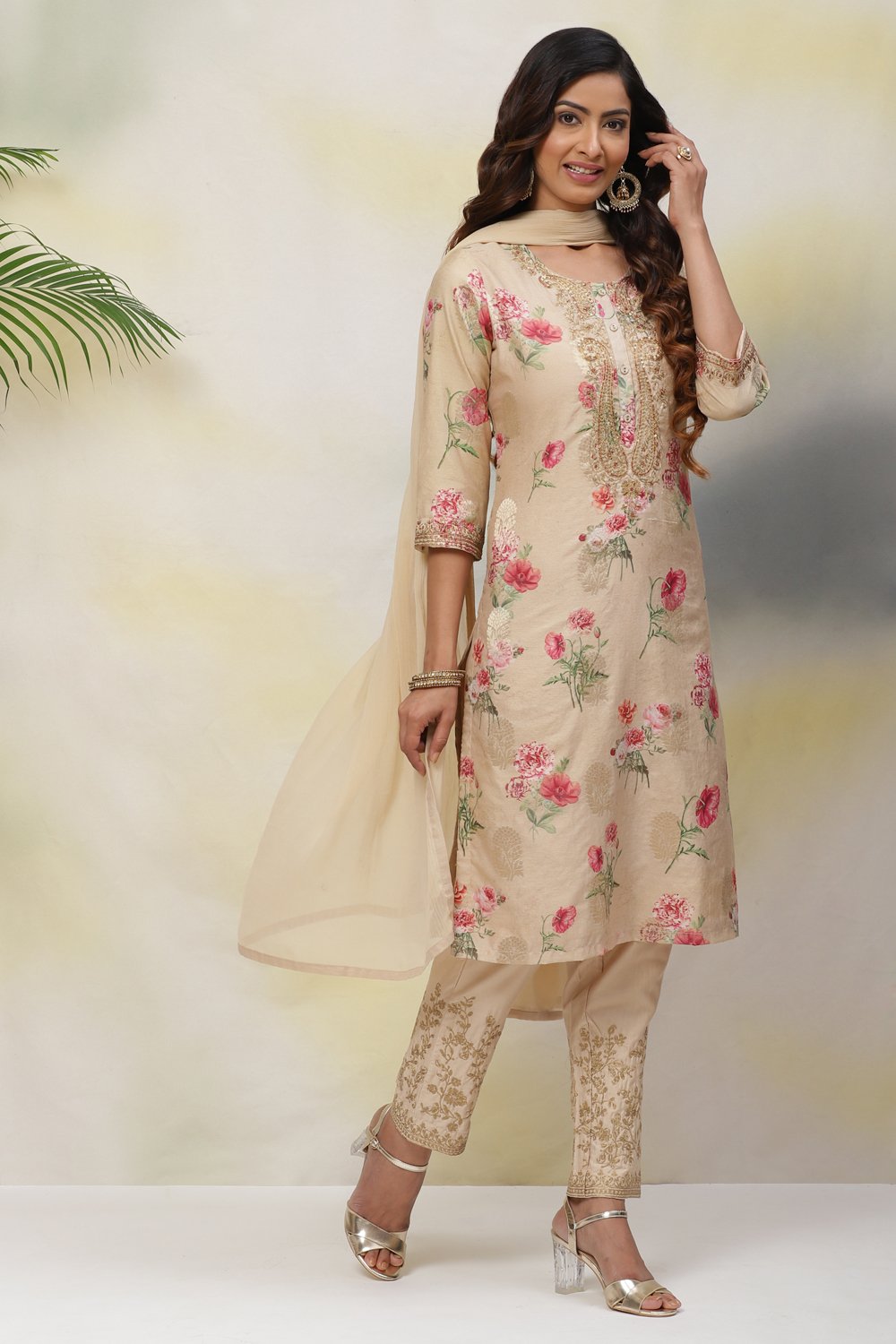 Beige Poly Metallic Cotton Straight Suit Set image number 6