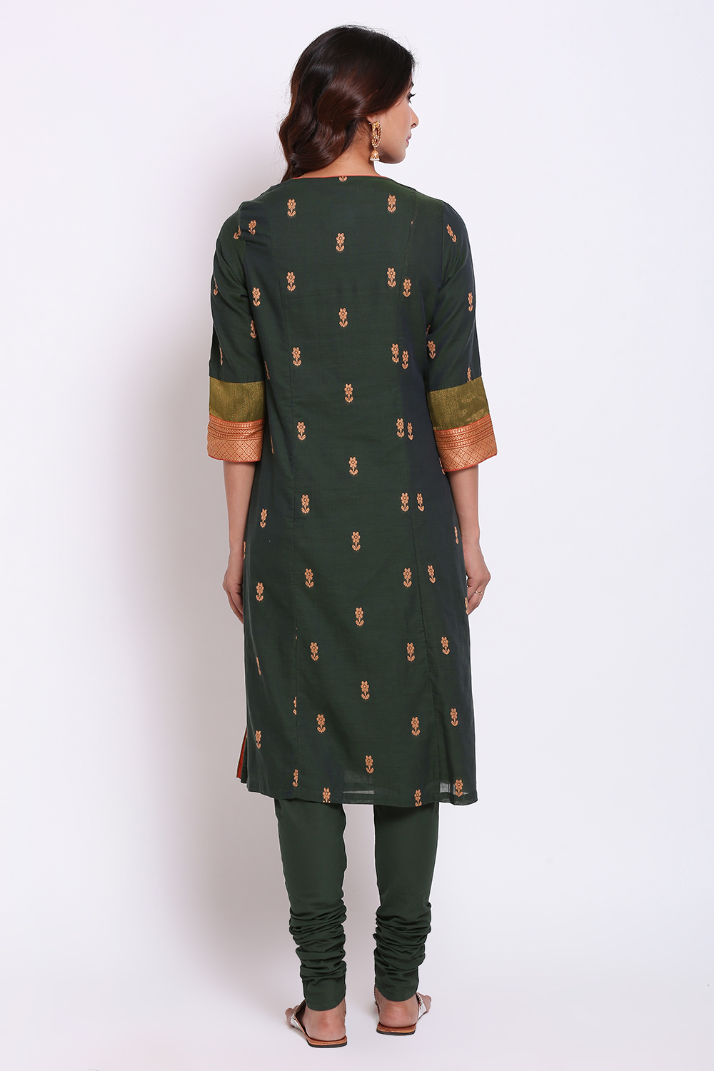 Olive Green Cotton A-Line Kurta Churidar Suit Set image number 4