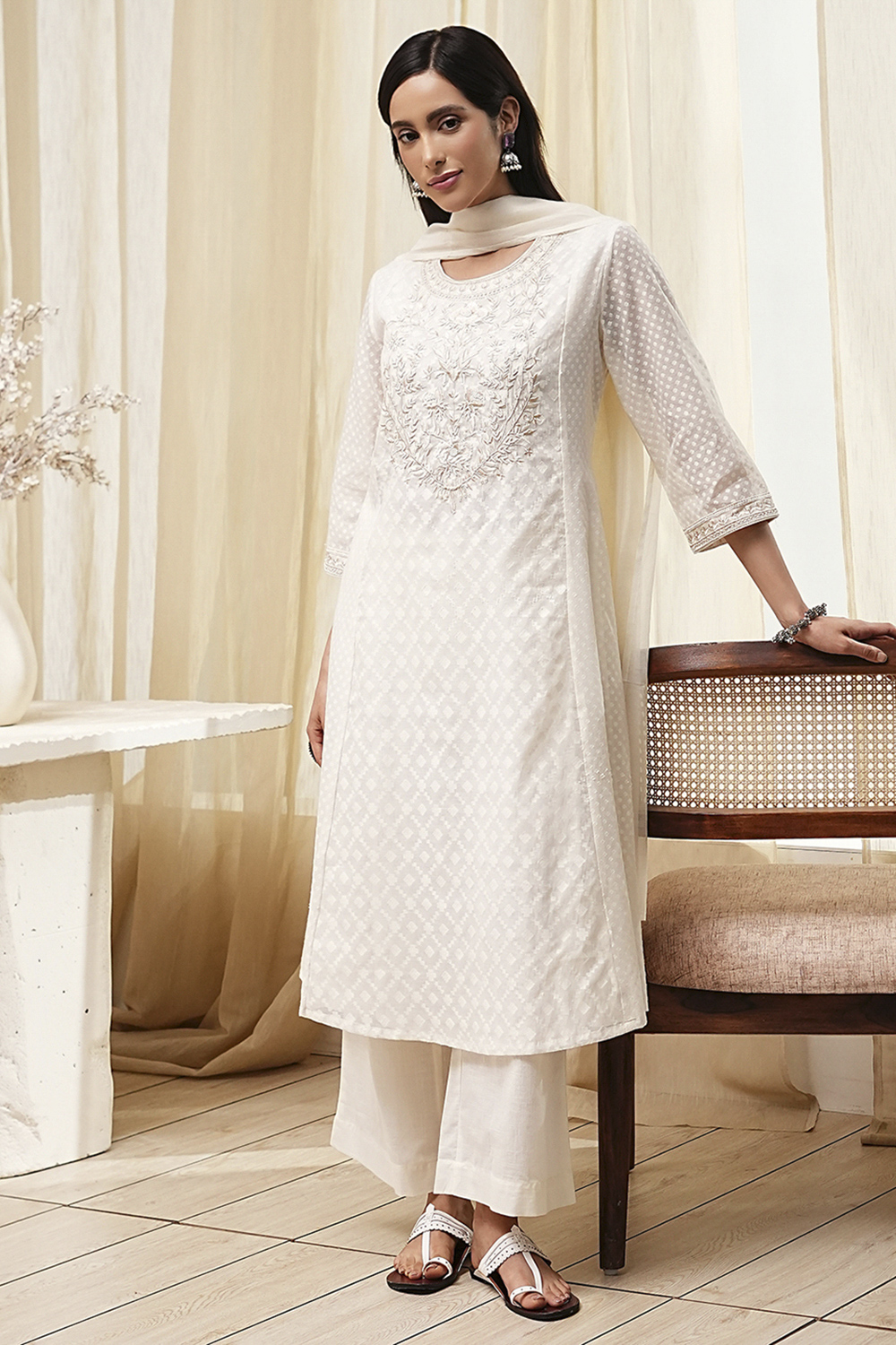 Off-White Embroidered Kalidar Suit Set image number 0