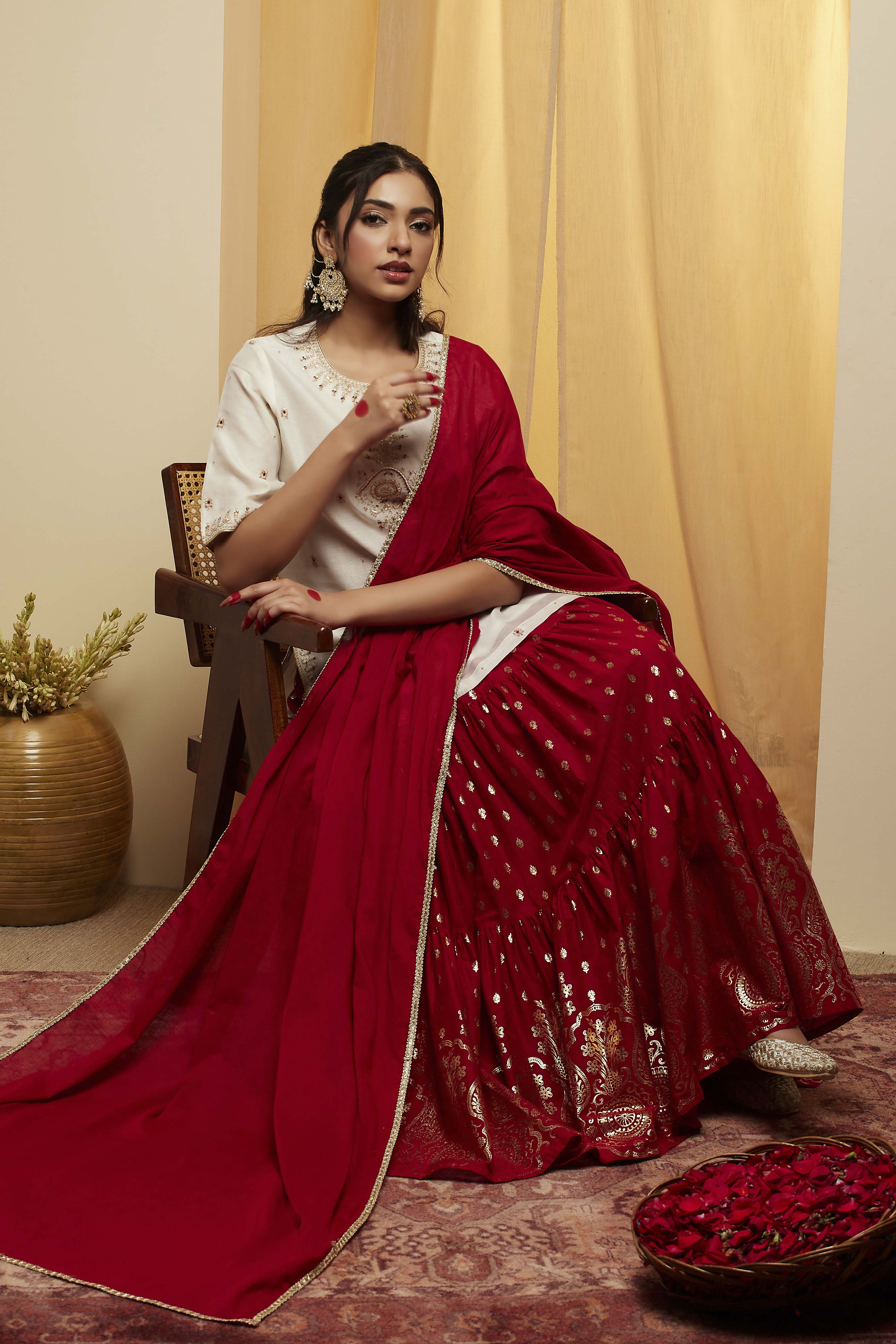 Red Polyester Straight Lehenga Set image number 0