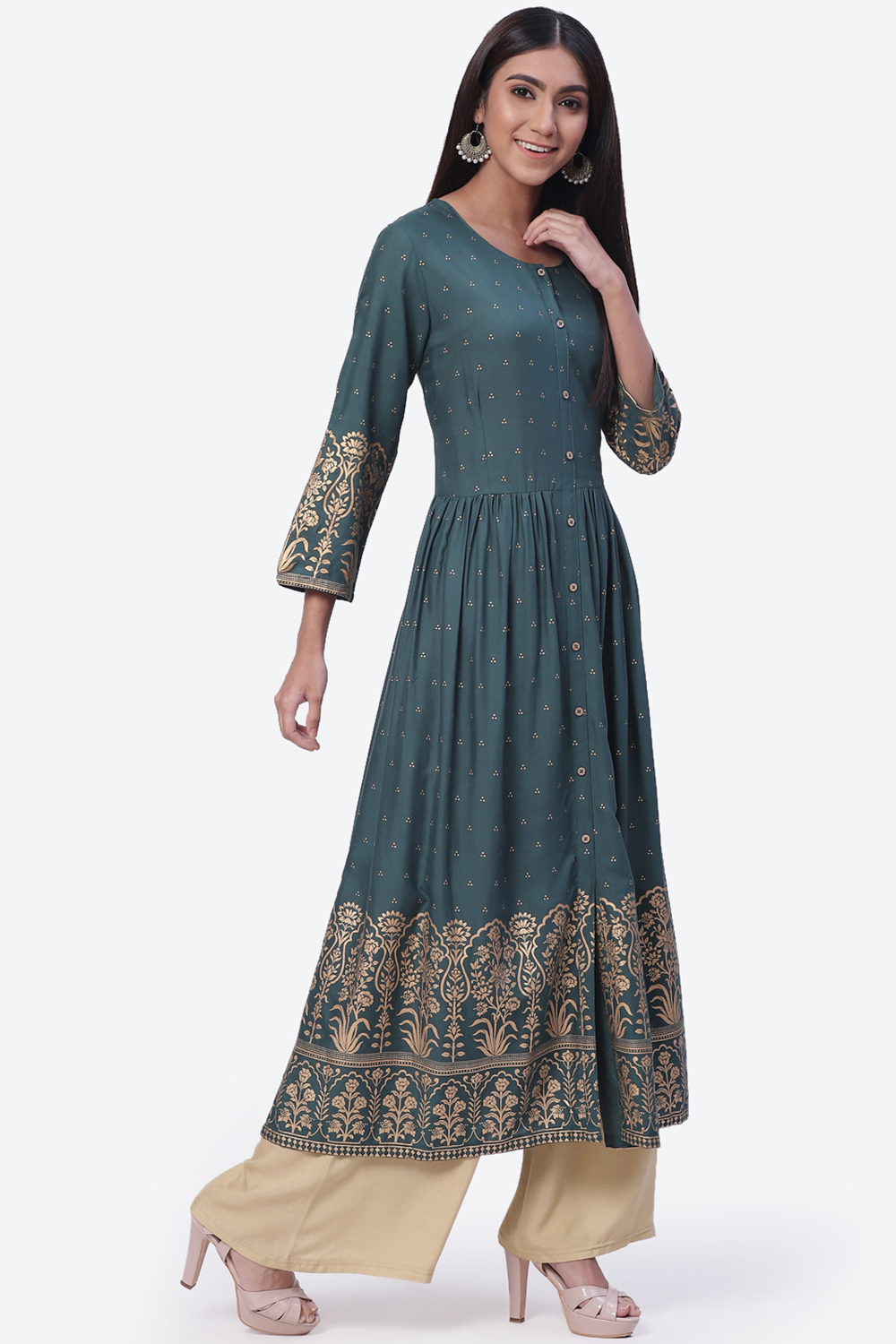 Green Rayon Flared Printed Kurta Dress image number 3