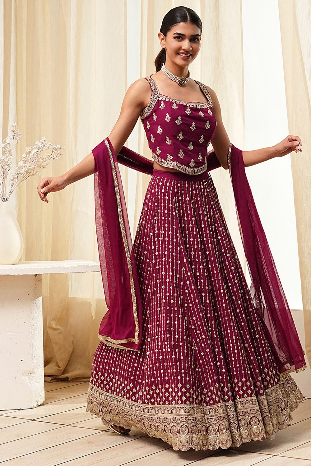 Burgundy Georgette Lehenga Set  image number 6