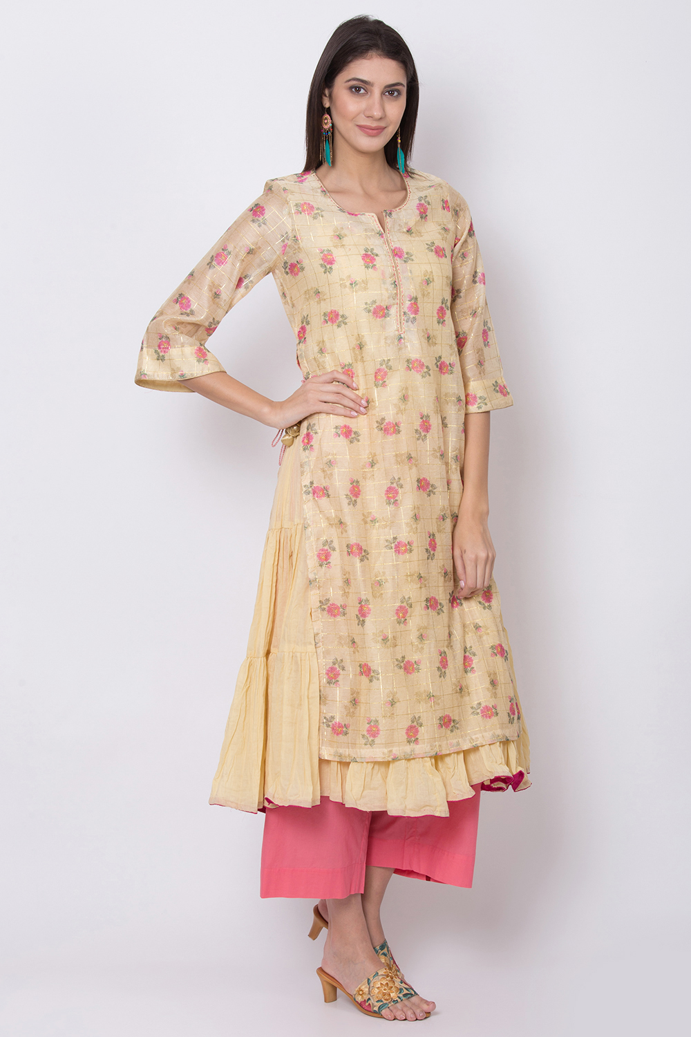 Yellow Poly Metallic Cotton Flared Printed Kurta image number 3