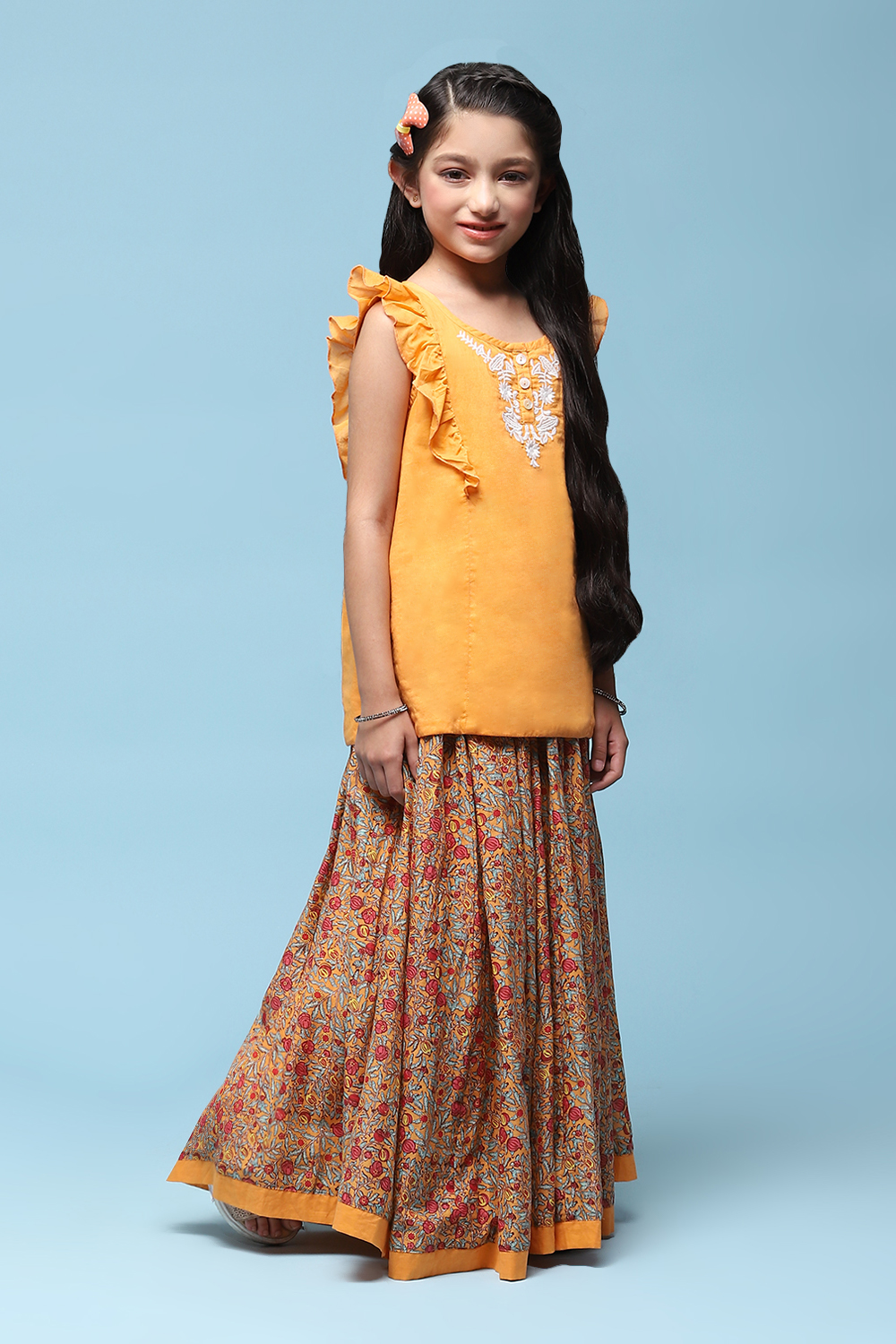 Orange Cotton Straight Printed Kurta Skirt Suit Set image number 5