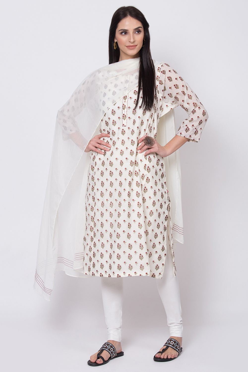 Off White Art Silk A-Line Kurta Legging Suit Set image number 2