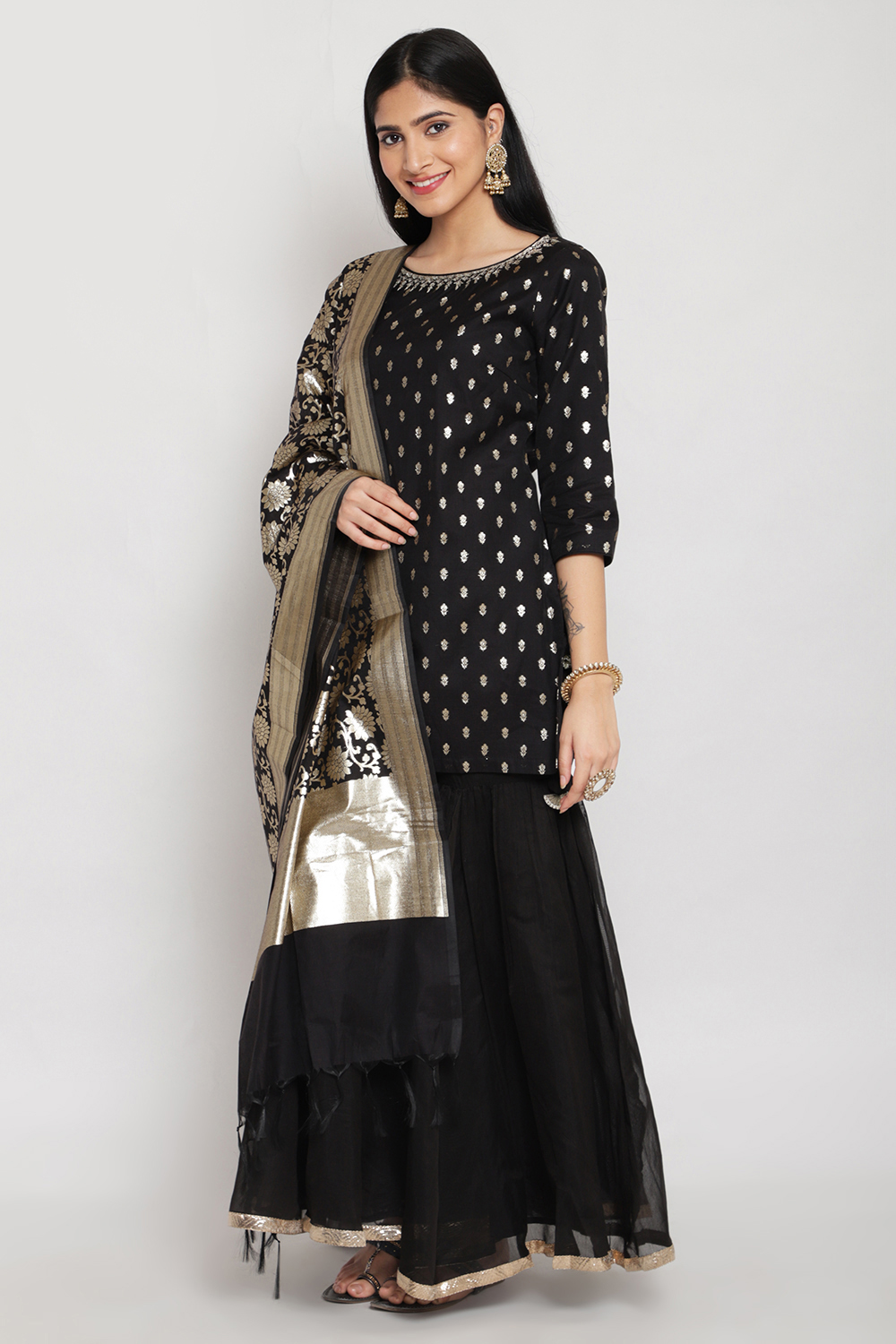 Black Metallic Kurta Garara Suit Set image number 2