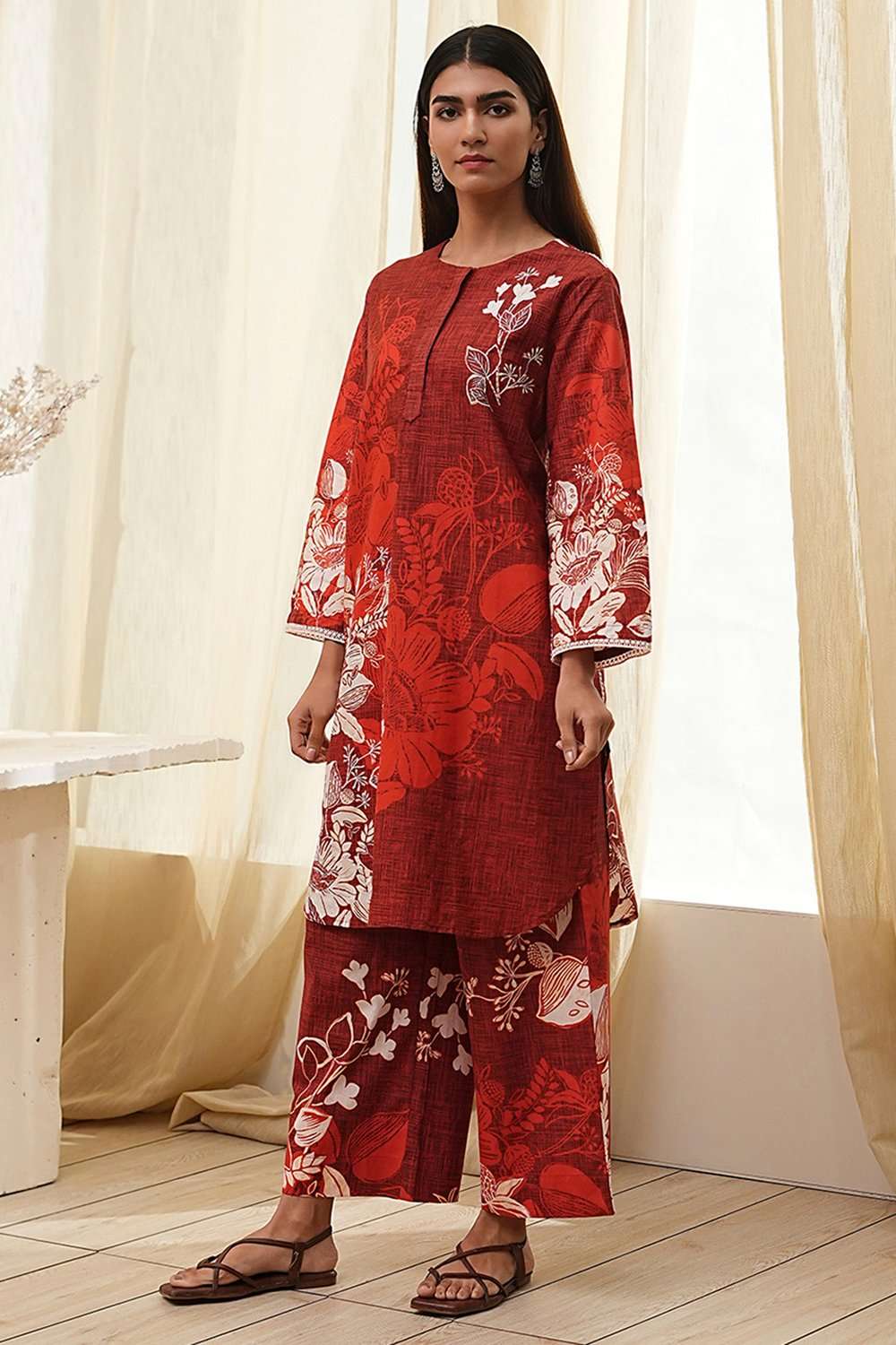 Rust Cotton Floral Straight Kurta Set image number 3