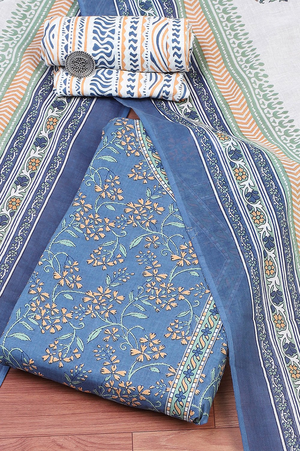 Turquoise Cotton Screen Print Unstitched Suit Set image number 0