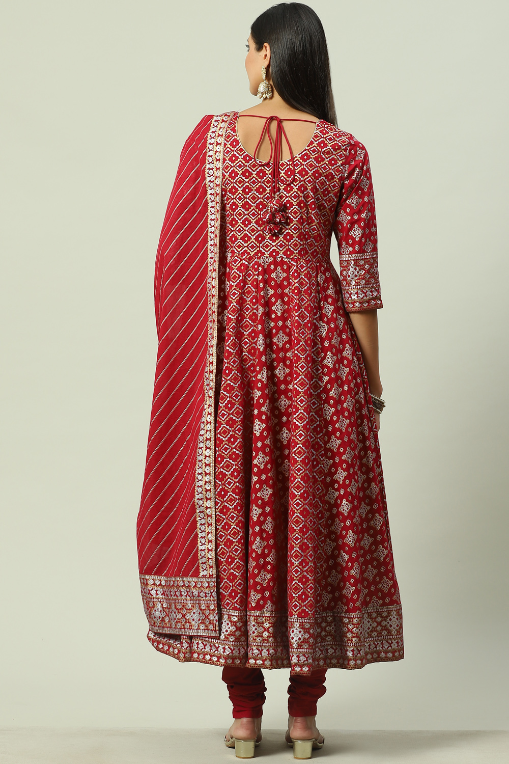 Cherry Red Cotton Anarkali Kurta Churidar Suit Set image number 4