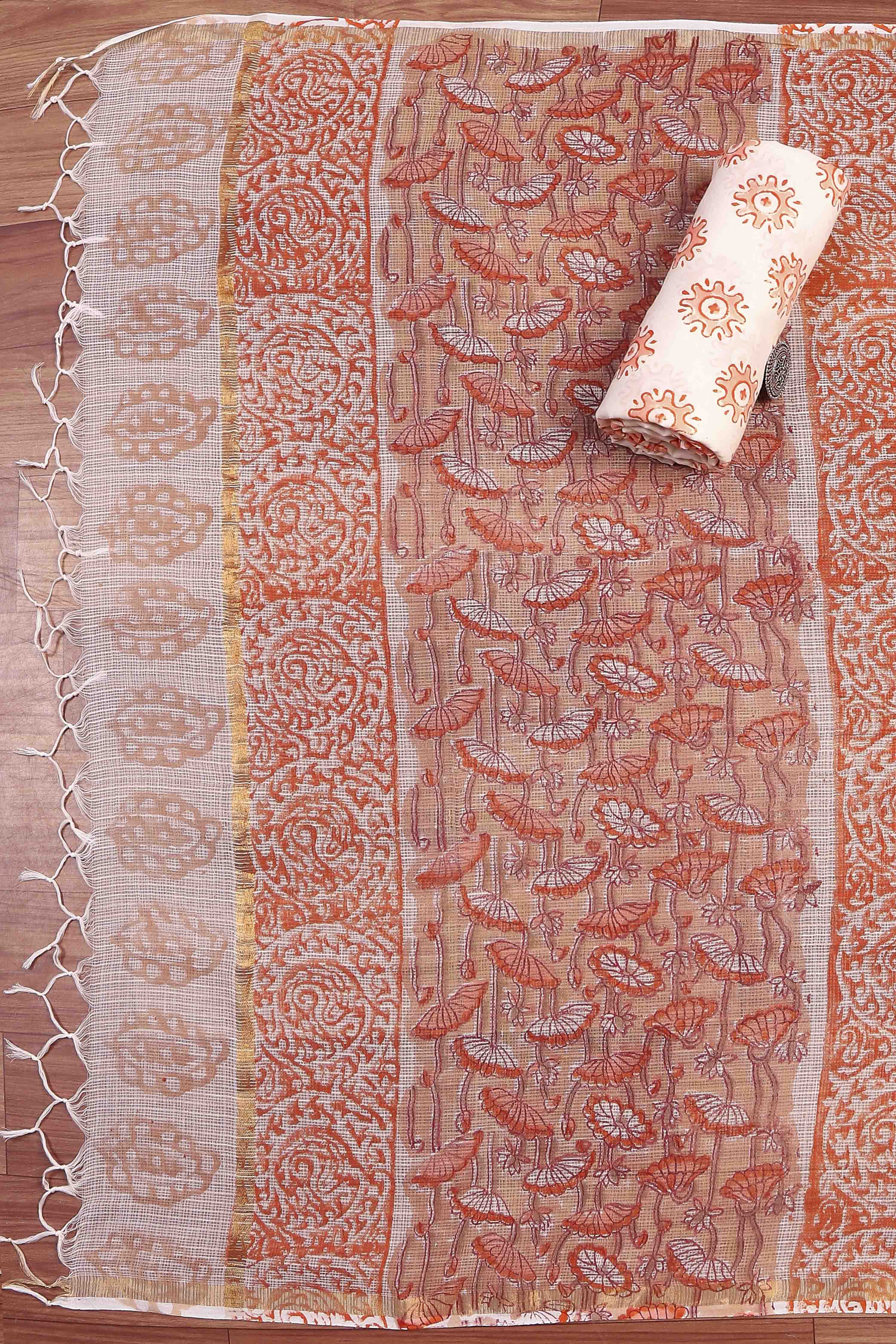 Beige Cotton Printed Embroidered Unstitched Suit Set image number 3