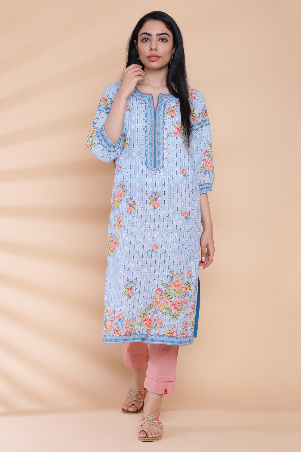 Blue Cotton Straight Kurta image number 4