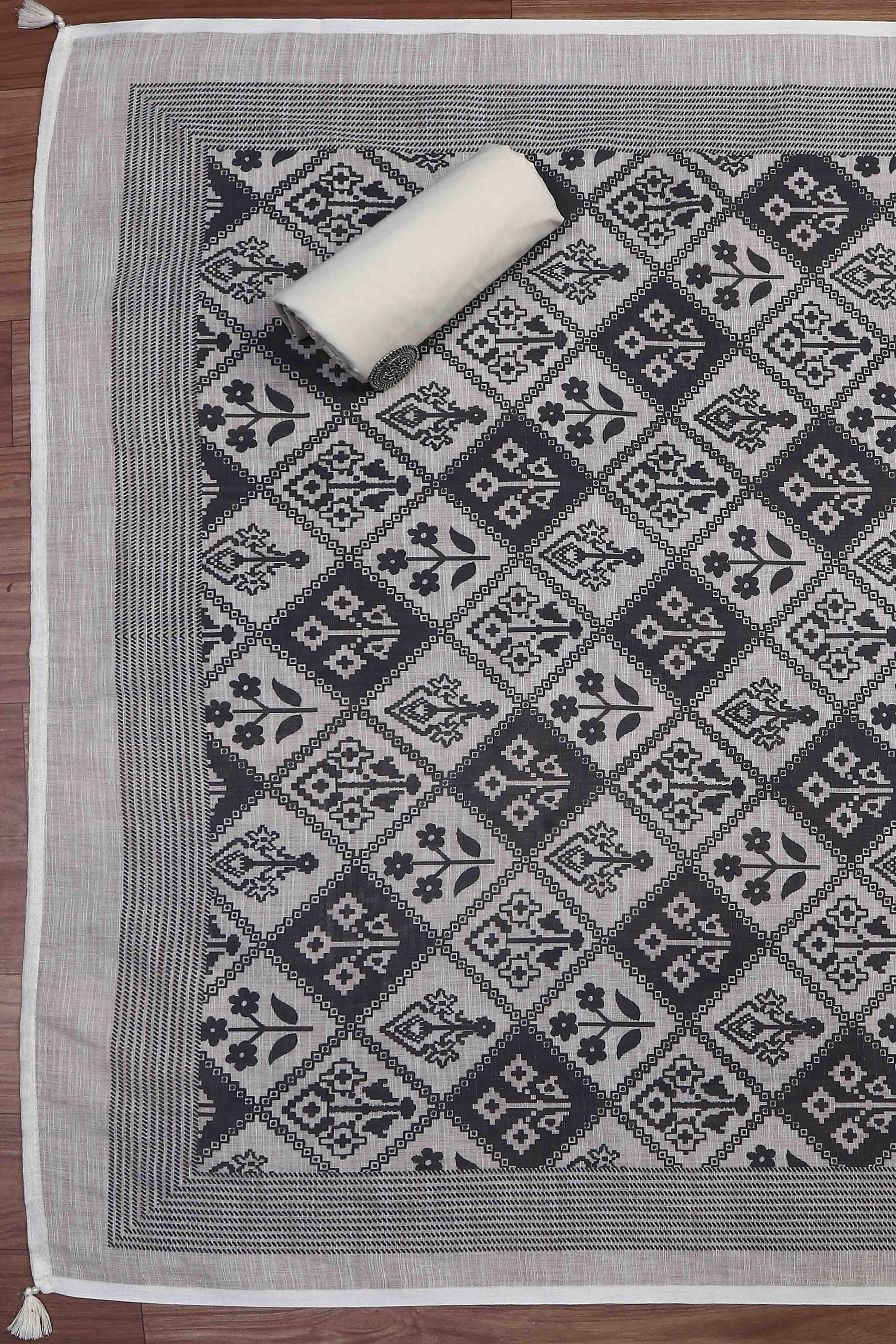 Black Linen Royal-Ikkat  Buti Print Unstitched Suit Set image number 3