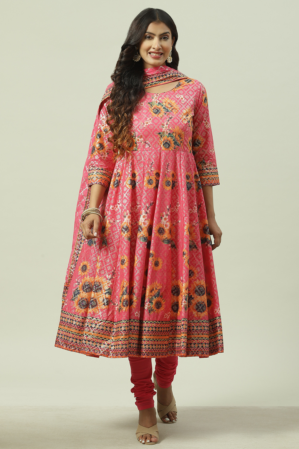 Fuchsia Cotton Anarkali Kurta Churidar Suit Set image number 0