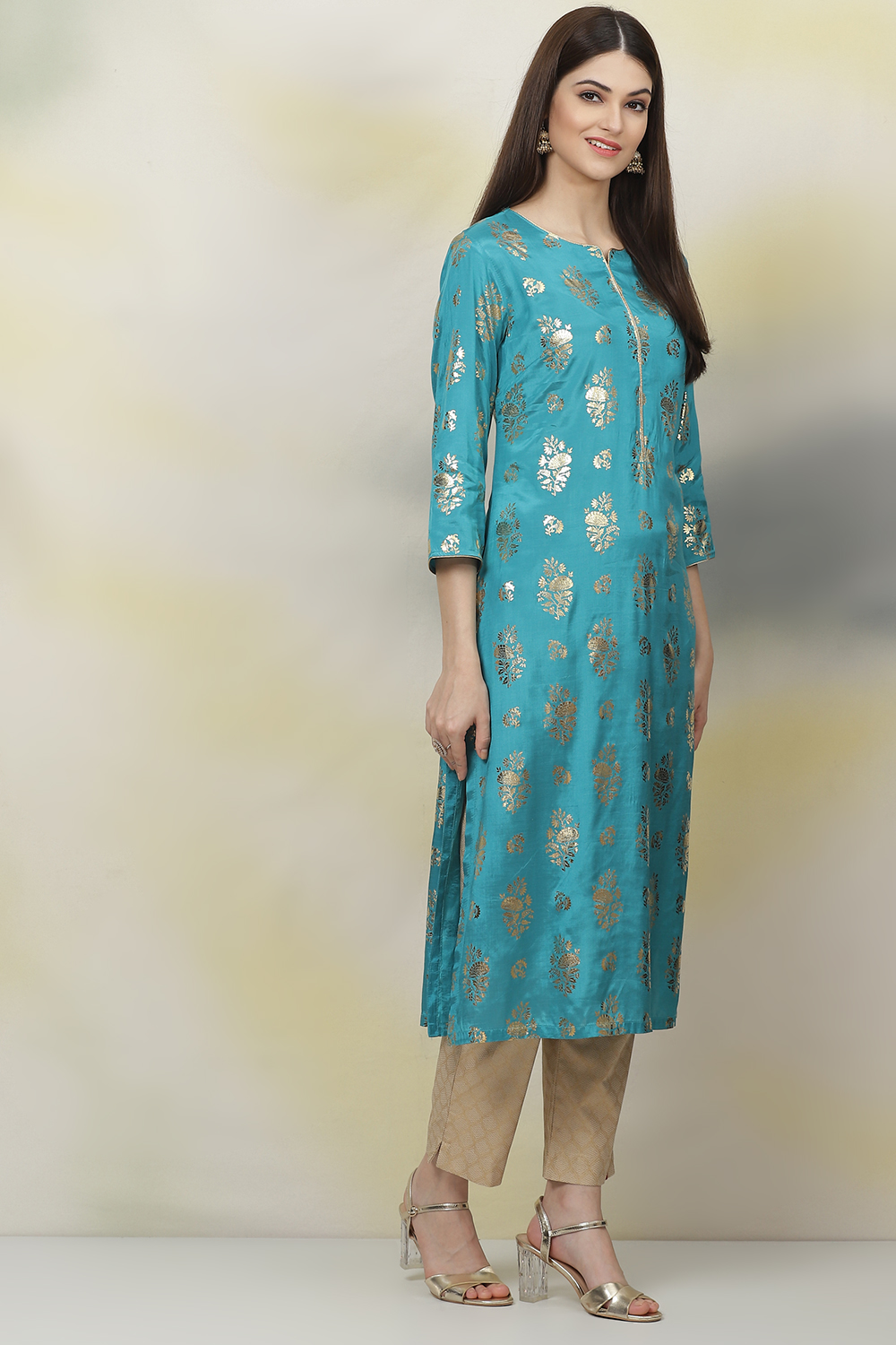 Teal Straight Viscose Kurta image number 4