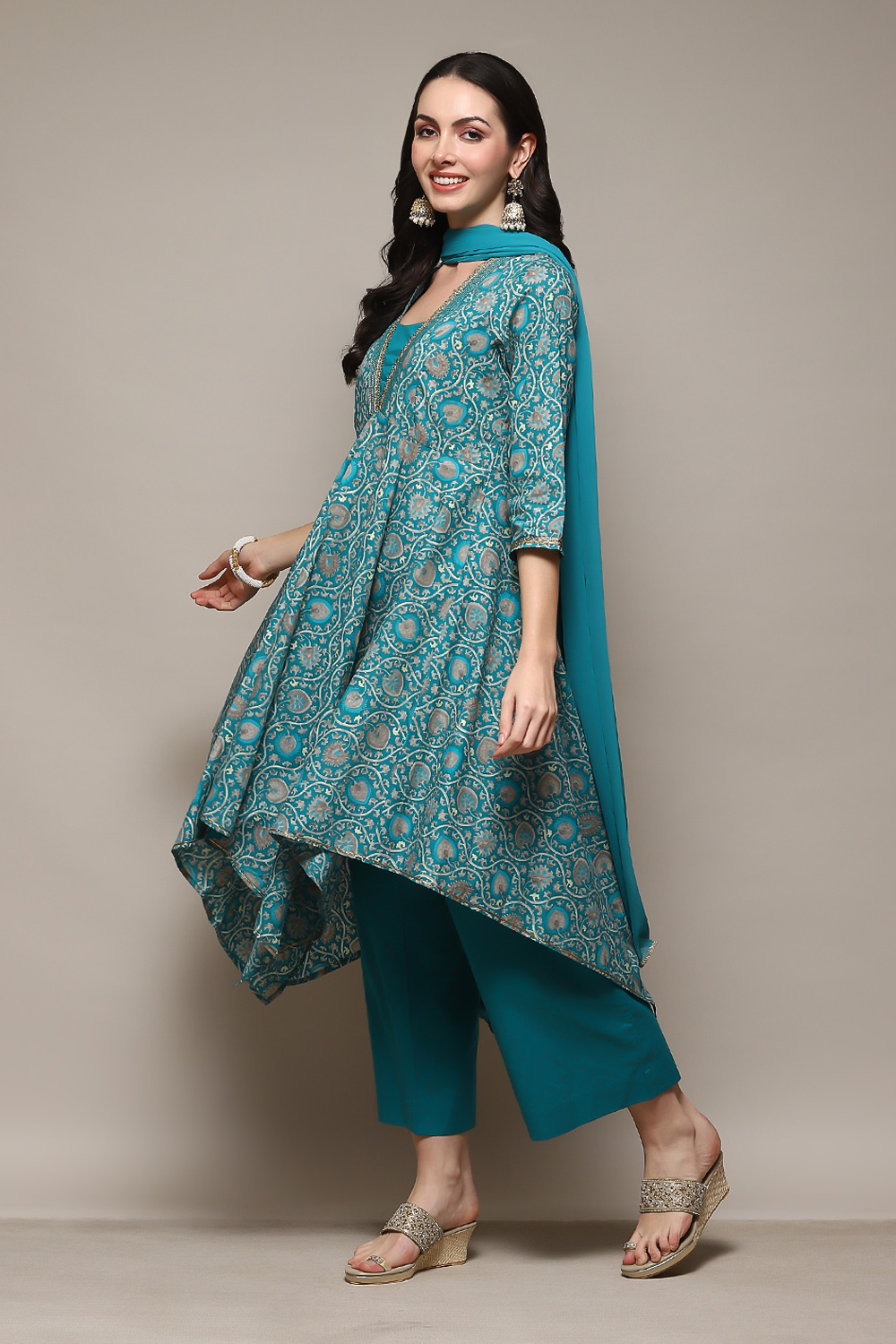 Turquoise Cotton Anarkali Kurta Palazzo Suit Set image number 5