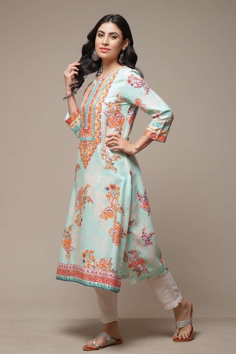 Sky Blue LIVA Straight Printed Kurta image number 3