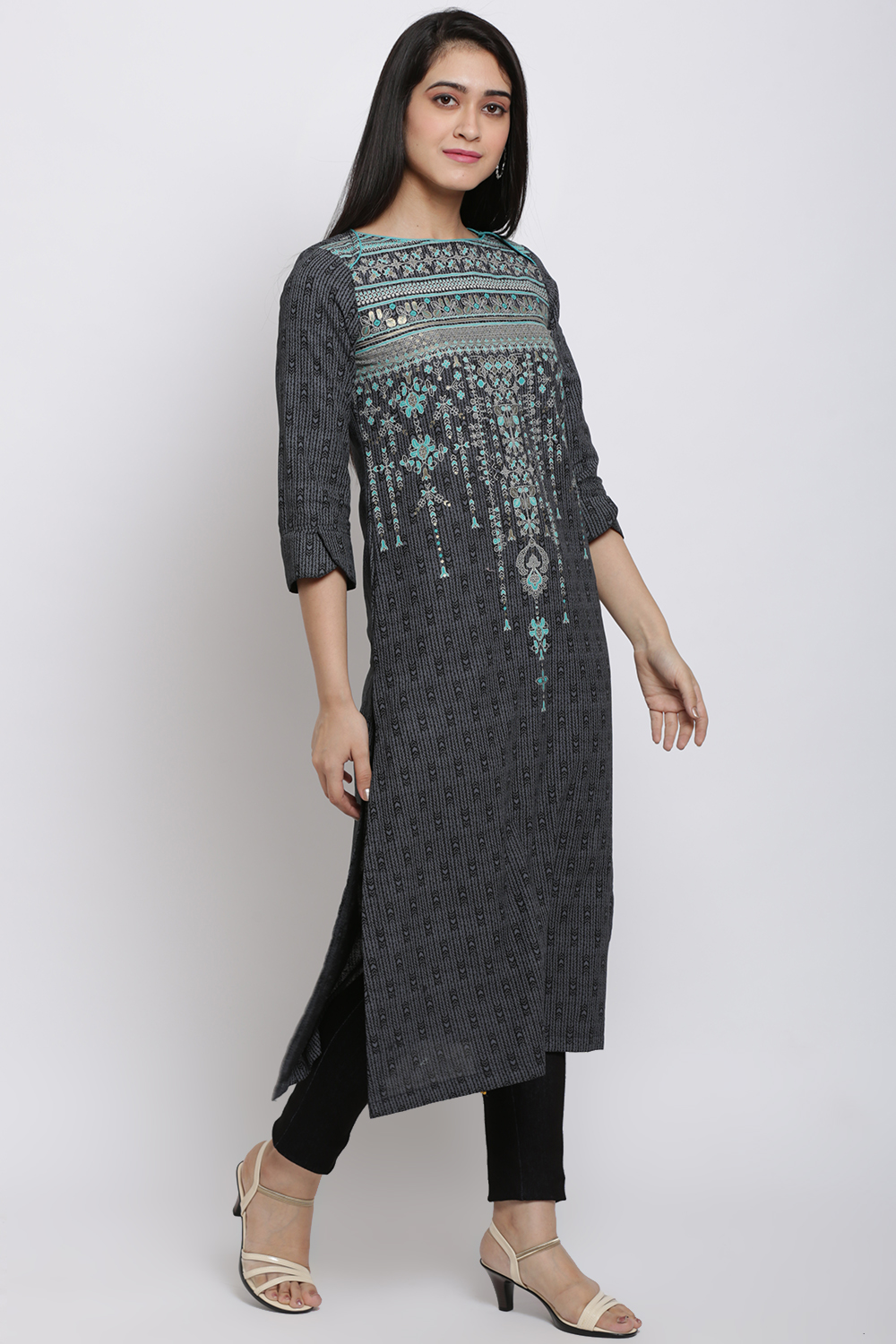 Black Cotton Flax Straight Printed Kurta image number 2