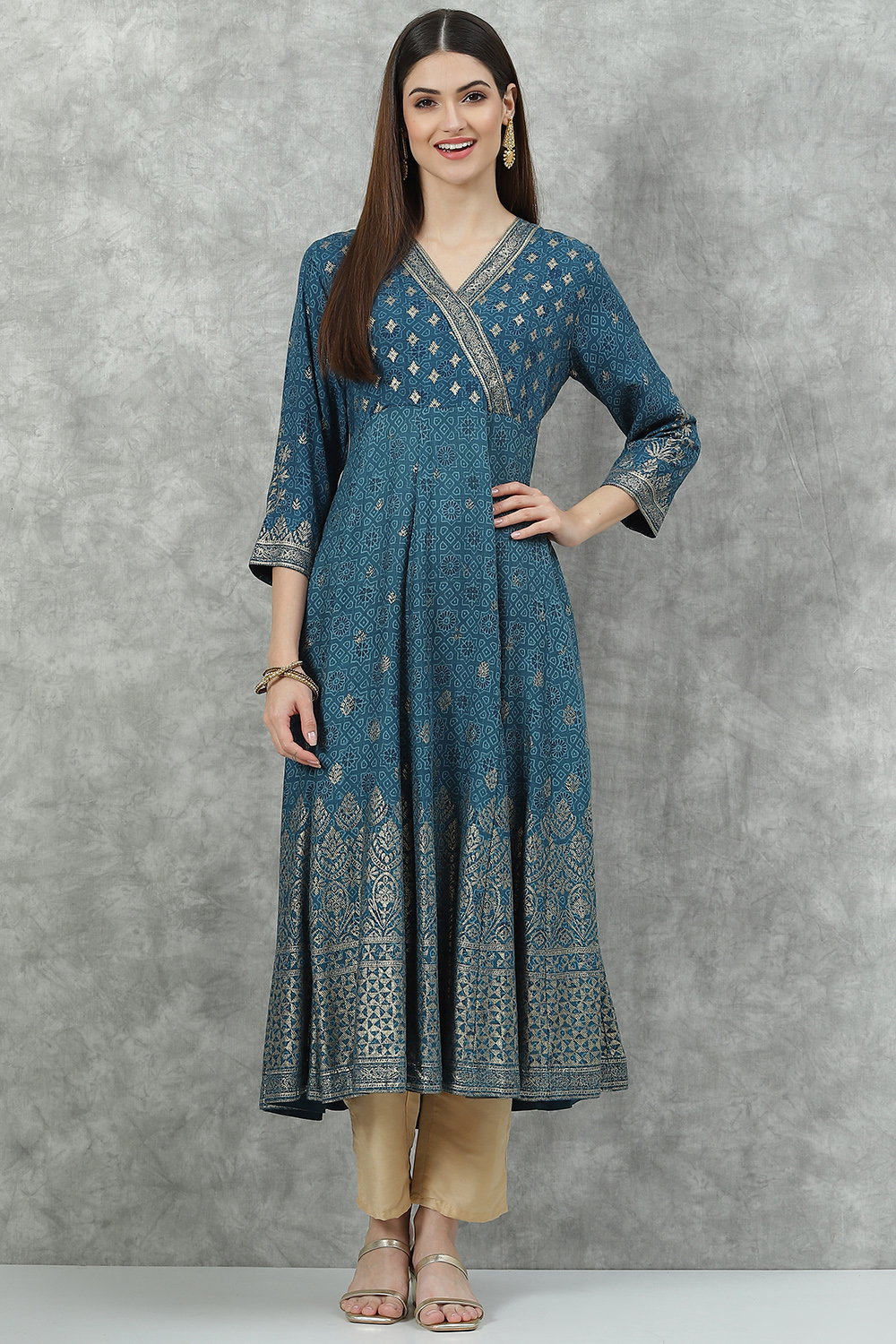 Brown Rayon Flared Printed Kurta image number 5