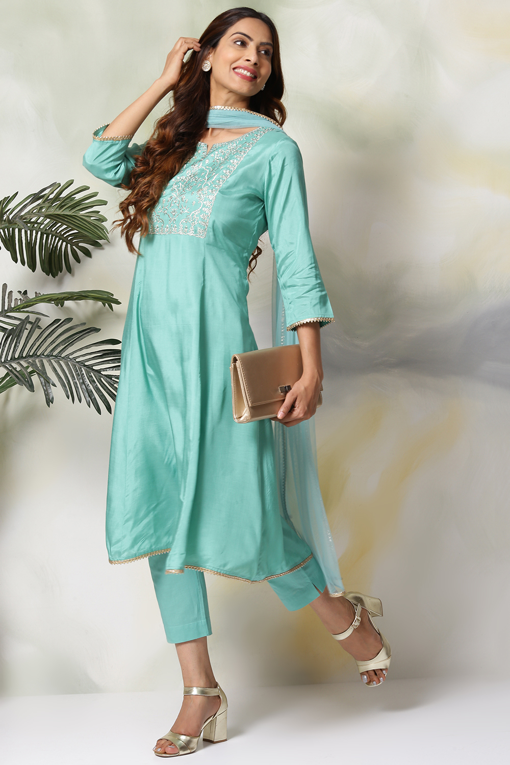 Mehandi Green Viscose Kalidar Kurta Slim Pants Suit Set image number 6