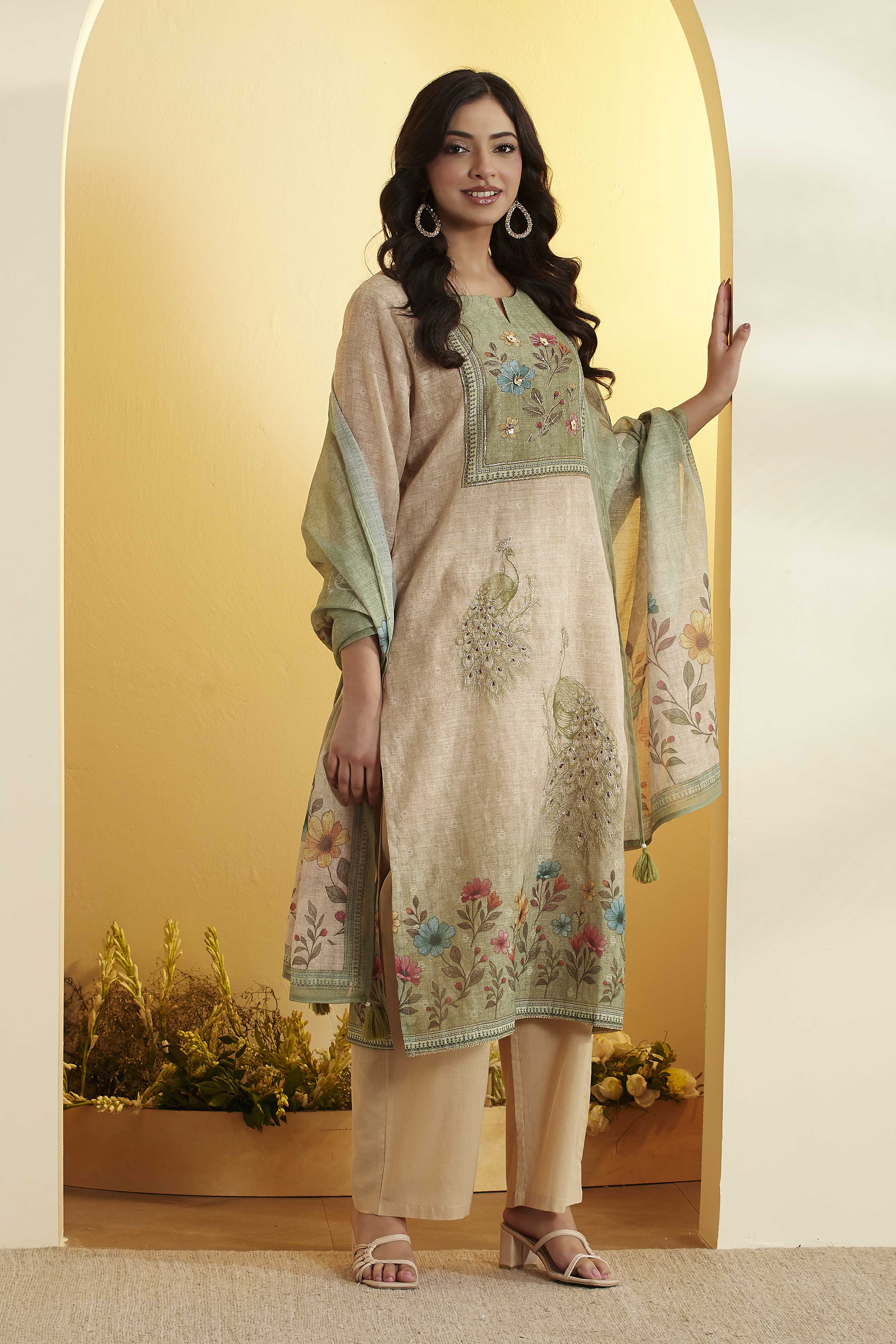Blue Poly Linen Straight Suit Set image number 4