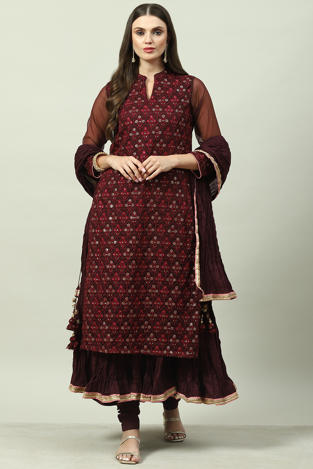 Wine Art Silk Layered Kurta Churidar Suit Set image number 0