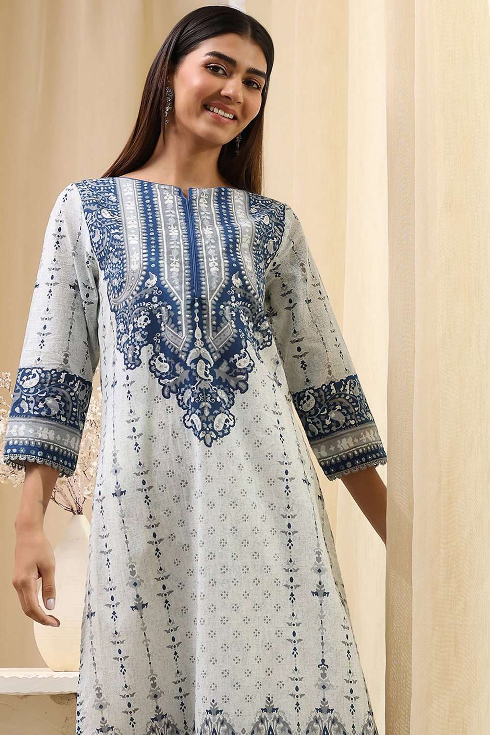 Blue Cotton Straight Printed Kurta image number 6